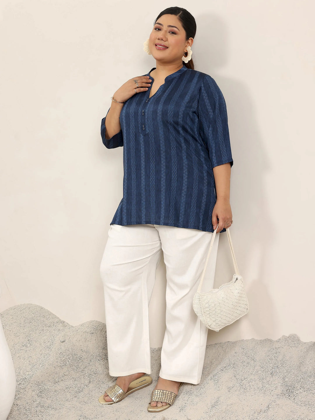Plus Size Blue Woven Design Cotton Blend Straight Kurti