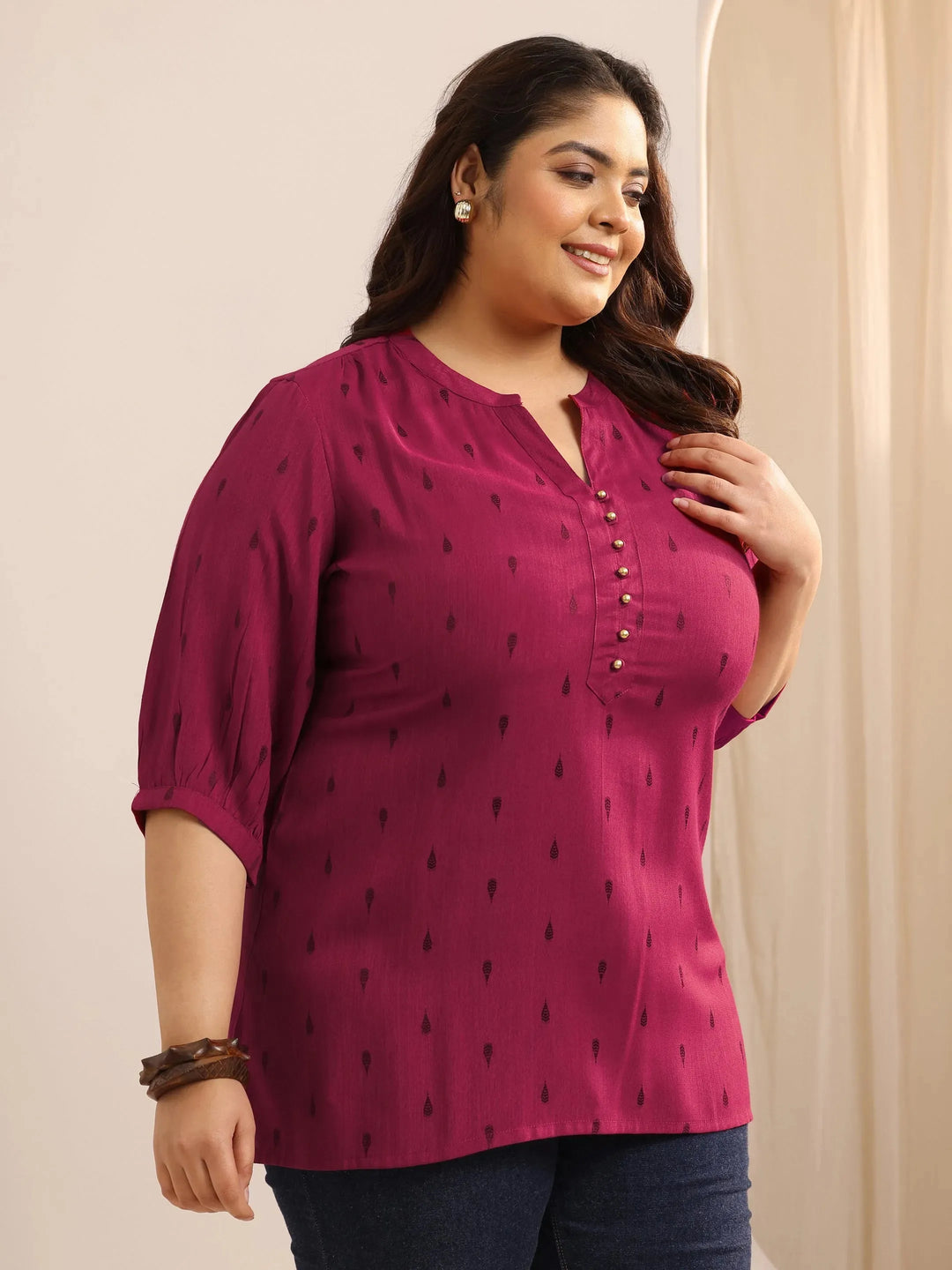  Plus Size Maroon Self Design Viscose Rayon Straight Short Kurti 