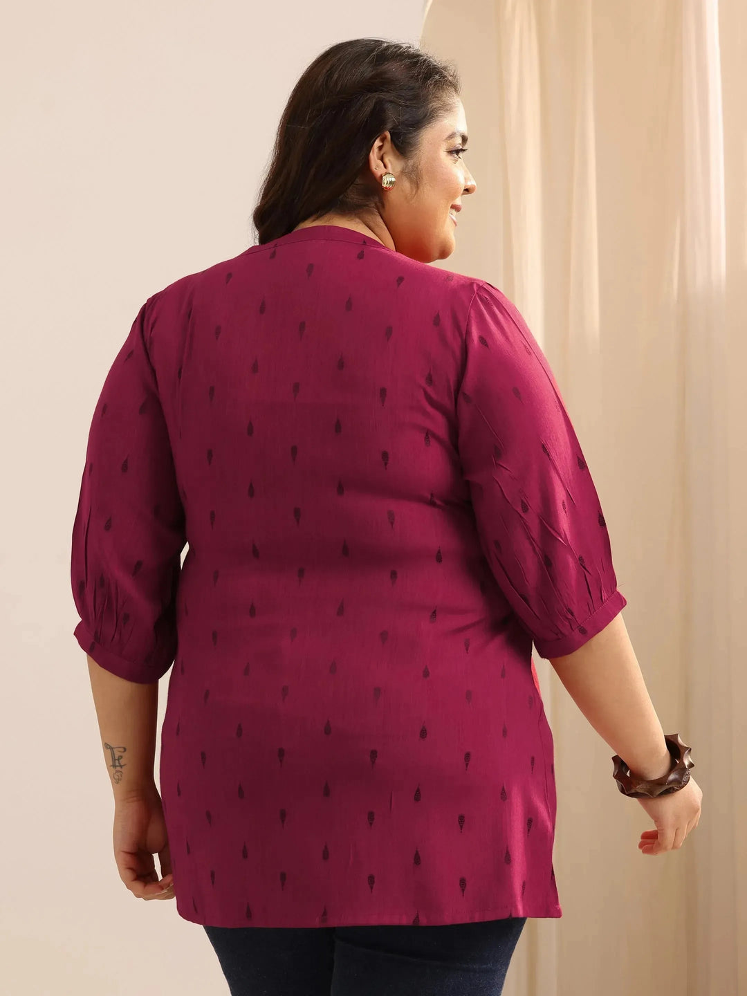 Plus Size Maroon Self Design Viscose Rayon Straight Short Kurti