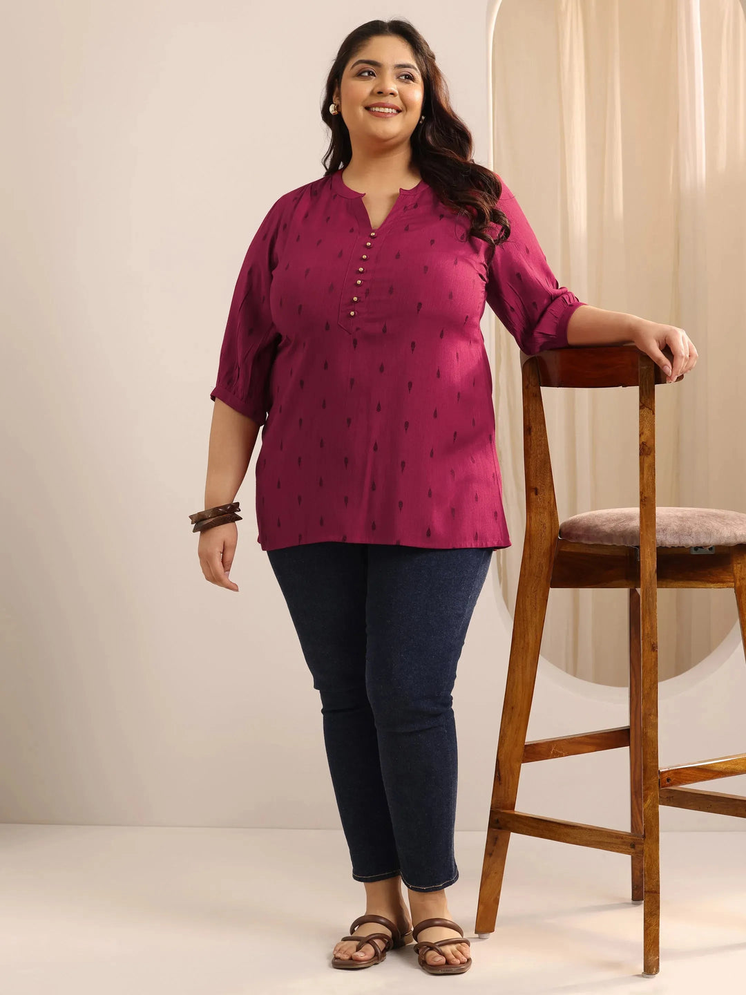  Plus Size Maroon Self Design Viscose Rayon Straight Short Kurti 