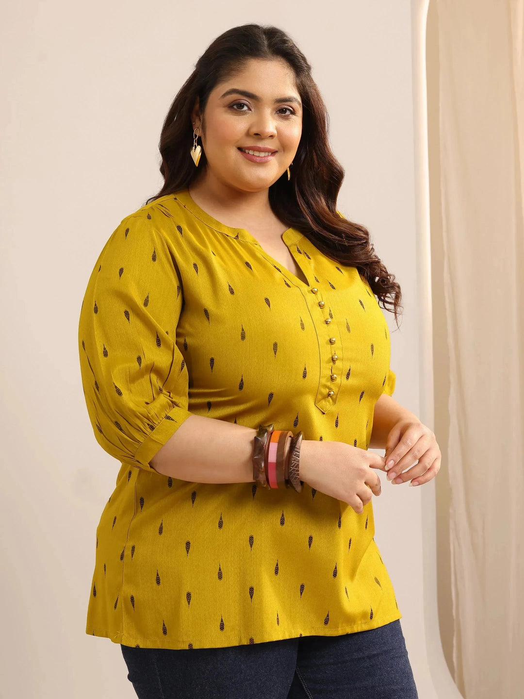  Plus Size Mustard Self Design Viscose Rayon Straight Short Kurti 