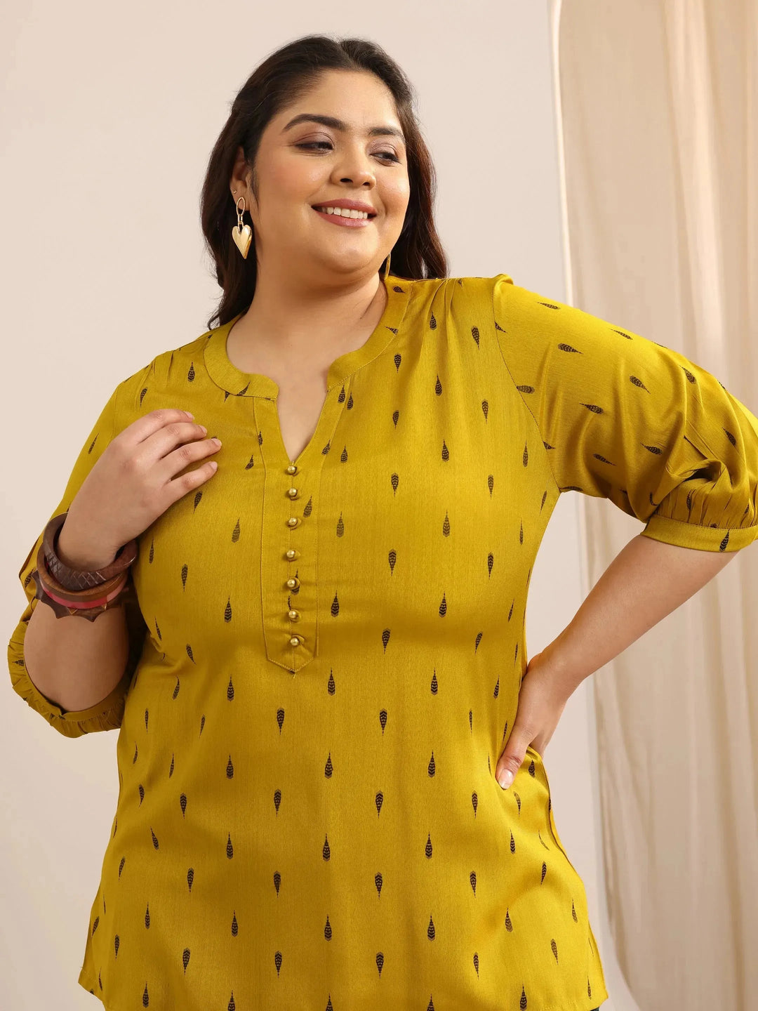  Plus Size Mustard Self Design Viscose Rayon Straight Short Kurti 