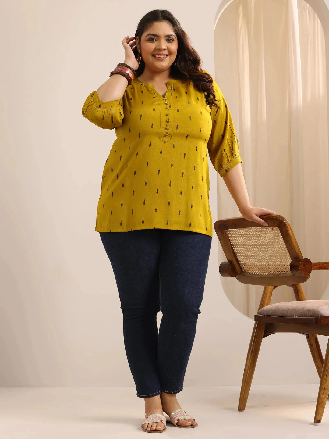  Plus Size Mustard Self Design Viscose Rayon Straight Short Kurti 