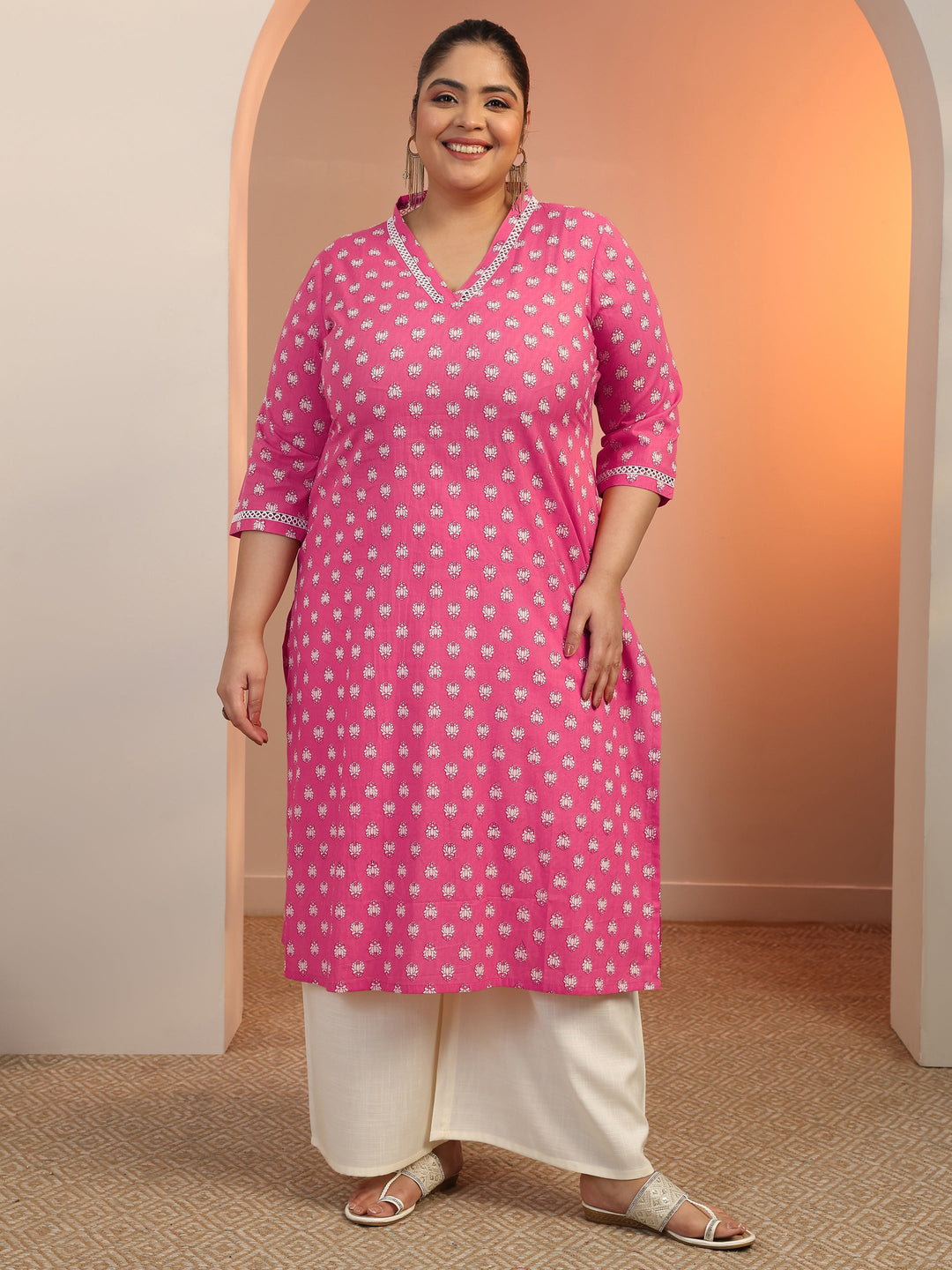  Plus Size Pink Printed Cotton Straight Kurta 