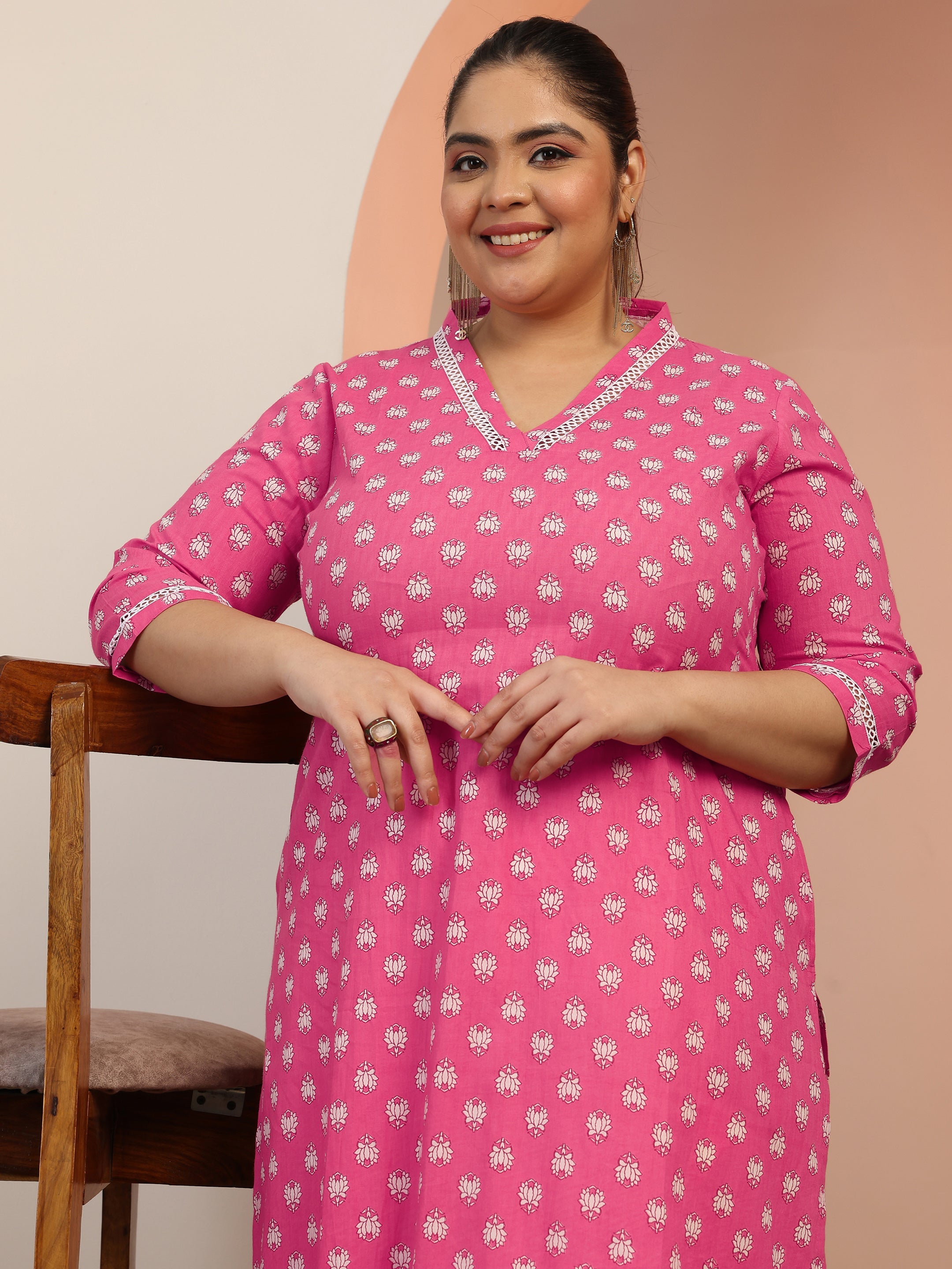 libas Plus Size Pink Printed Cotton Straight Kurta-picture-52