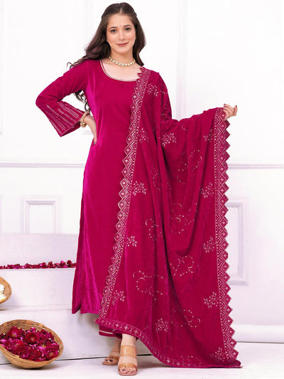Pink Solid Velvet Straight Suit With Dupatta - Libas
