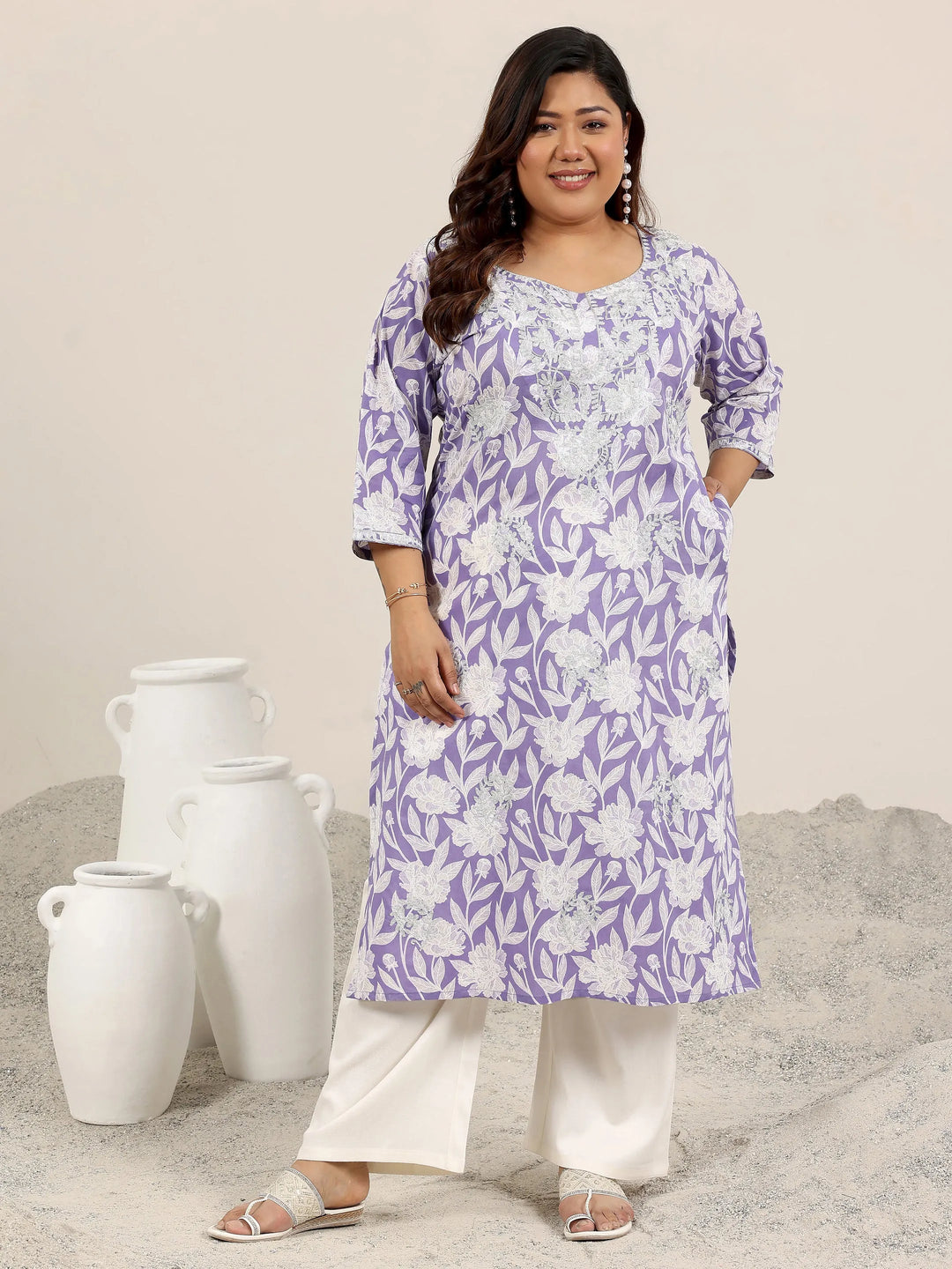  Plus Size Lavender Printed Cotton Straight Kurta 
