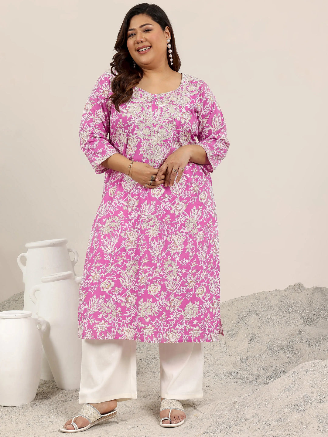  Plus Size Pink Printed Cotton Kurta 