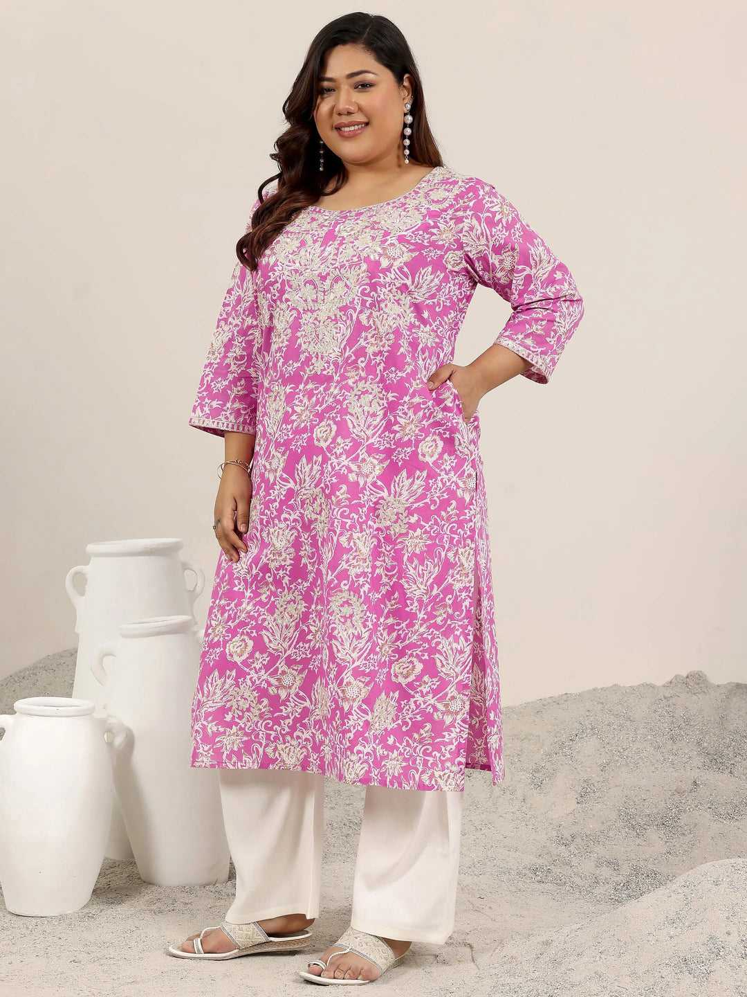  Plus Size Pink Printed Cotton Kurta 