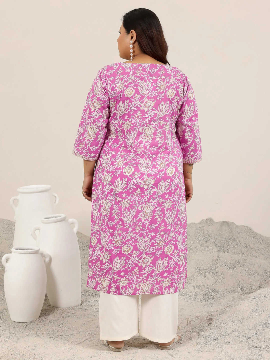  Plus Size Pink Printed Cotton Kurta 