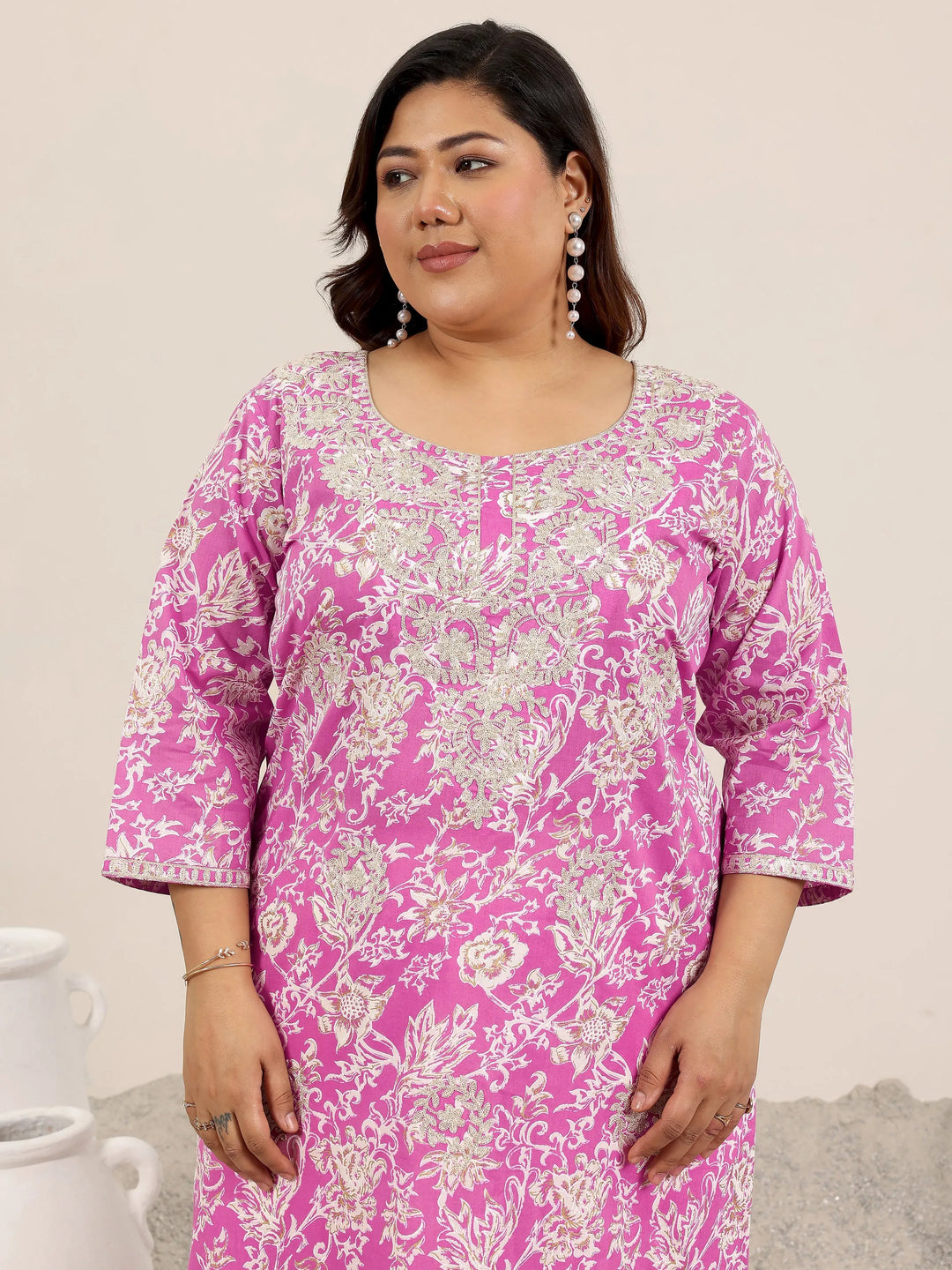  Plus Size Pink Printed Cotton Kurta 