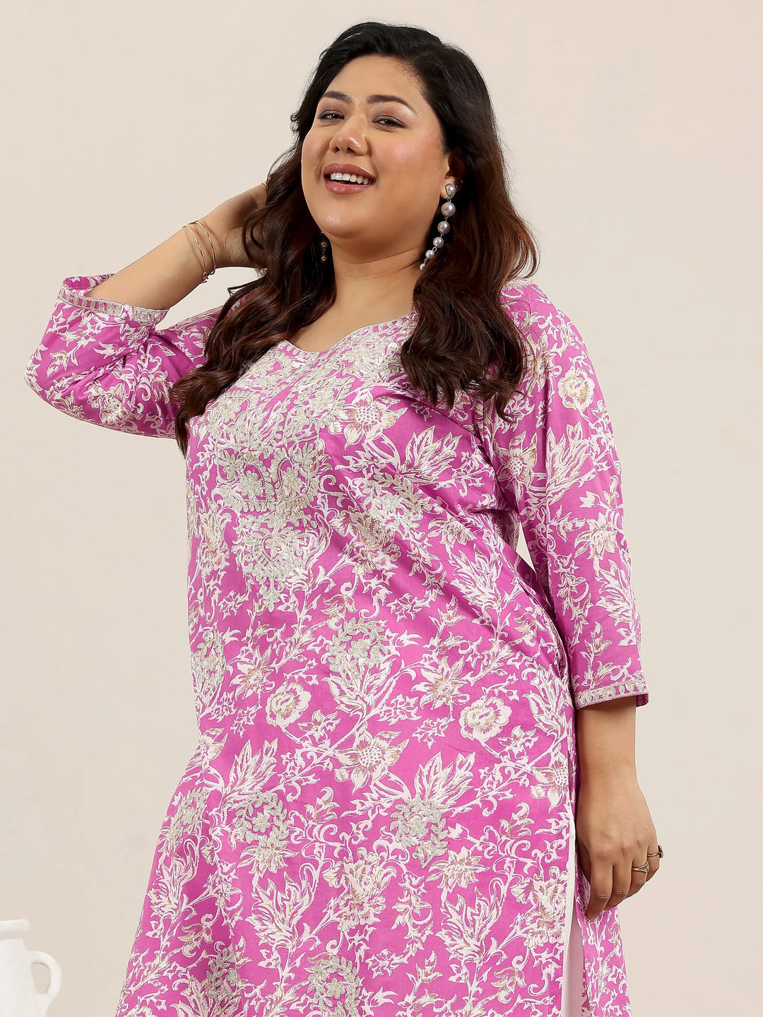  Plus Size Pink Printed Cotton Kurta 