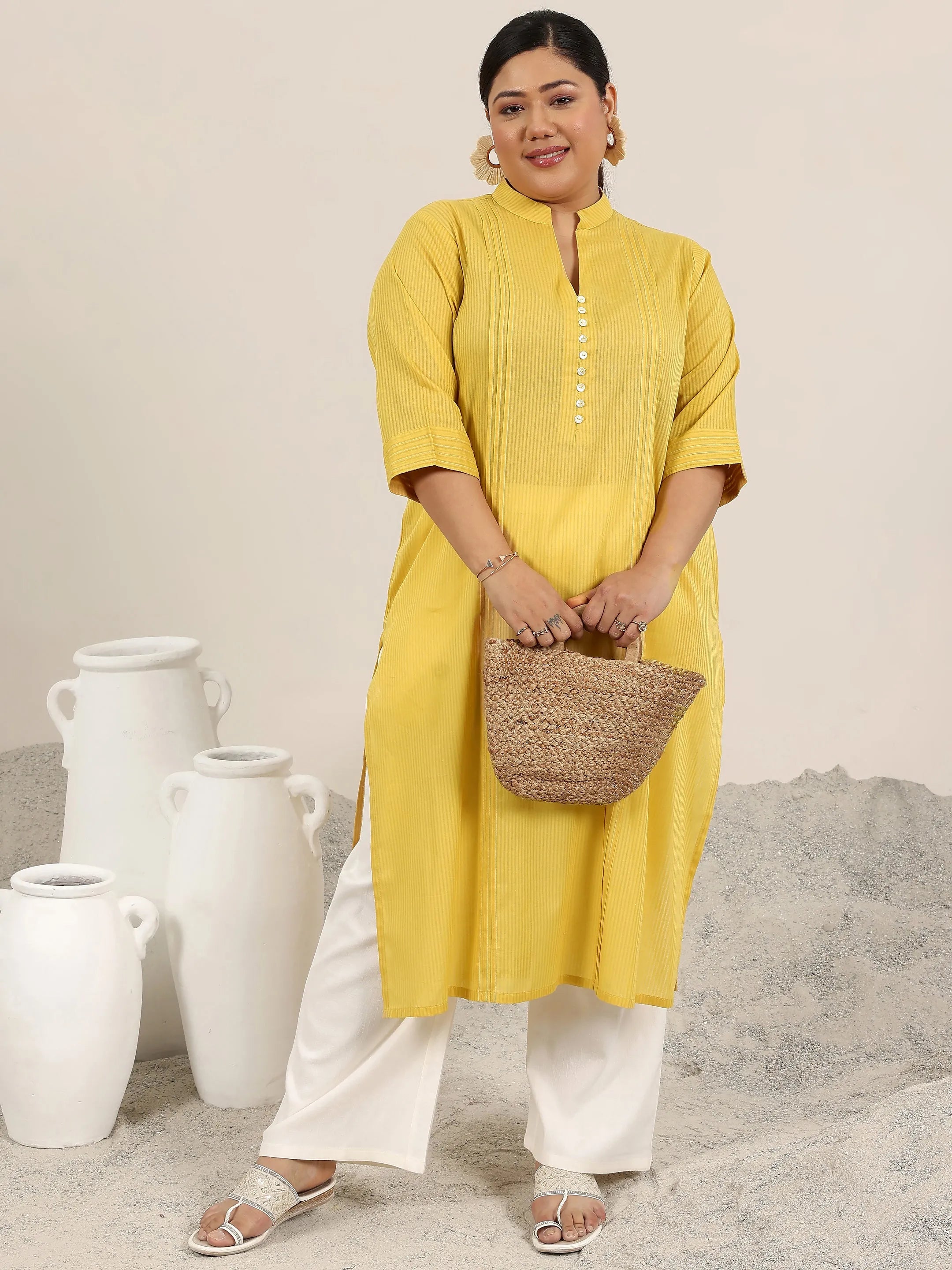 Plus Size Yellow Printed Cotton Kurta-image-7