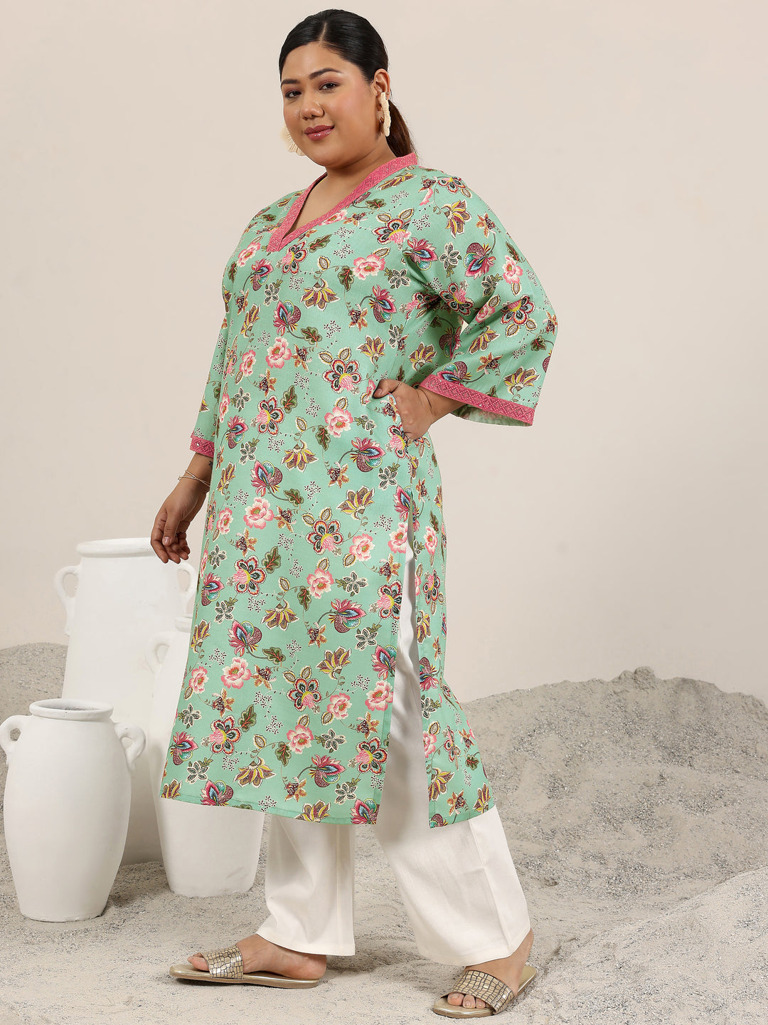  Plus Size Blue Printed Cotton Blend Kurta 