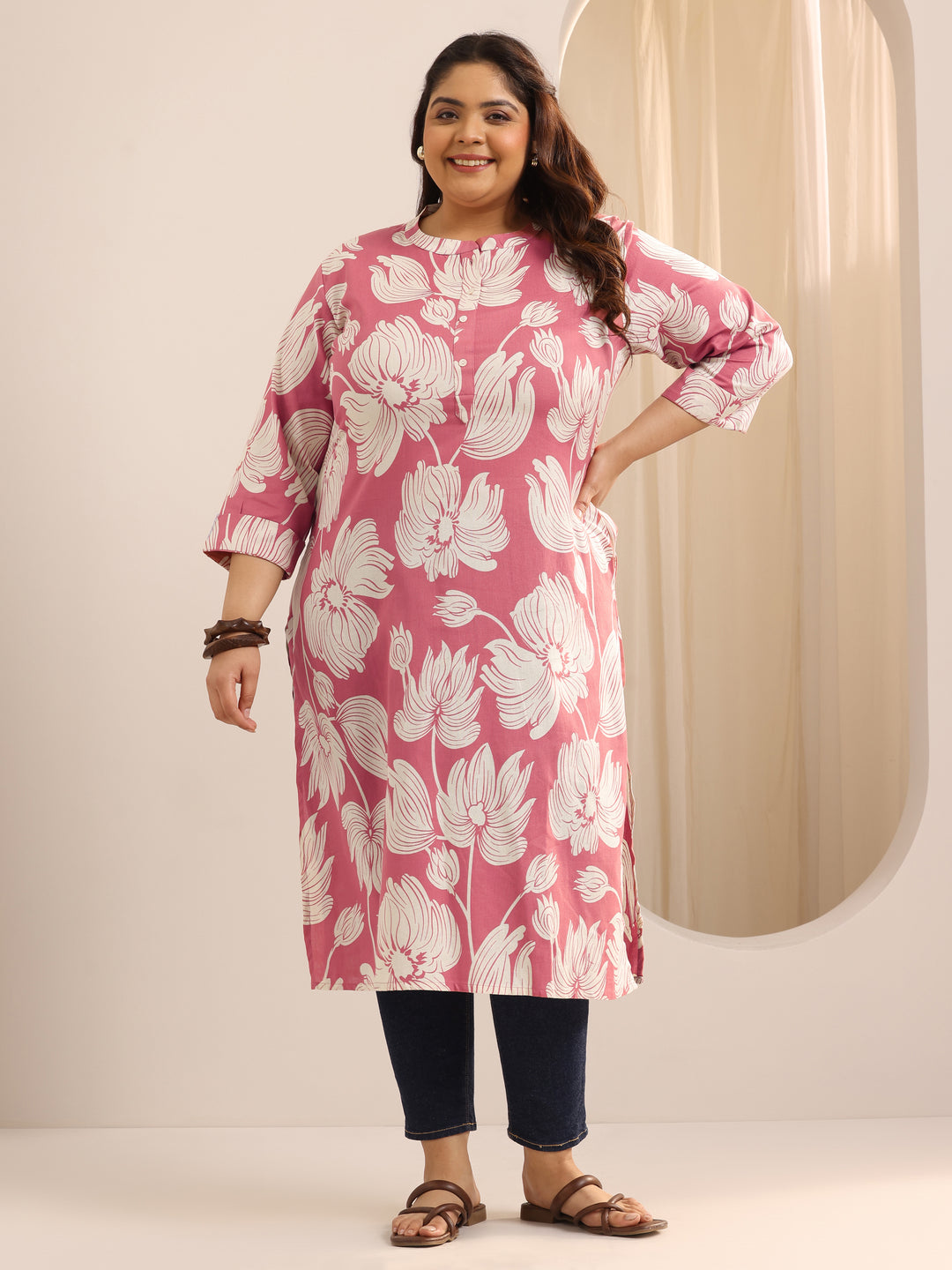  Plus Size Peach Printed Cotton Straight Kurta 