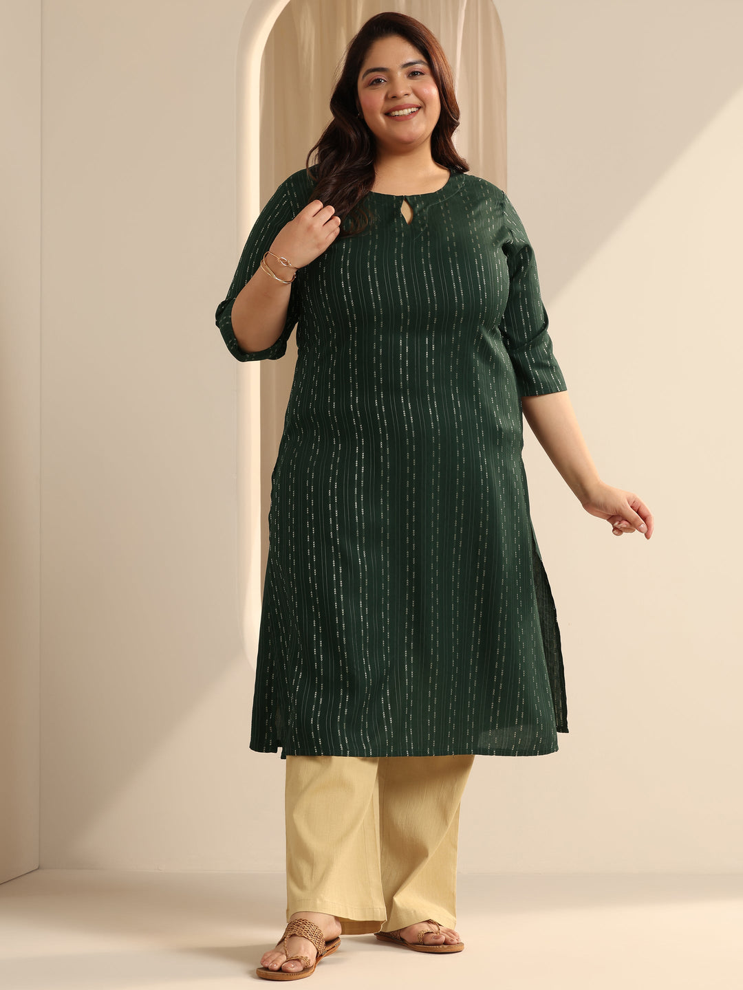  Plus Size Green Woven Design Viscose Straight Kurta 