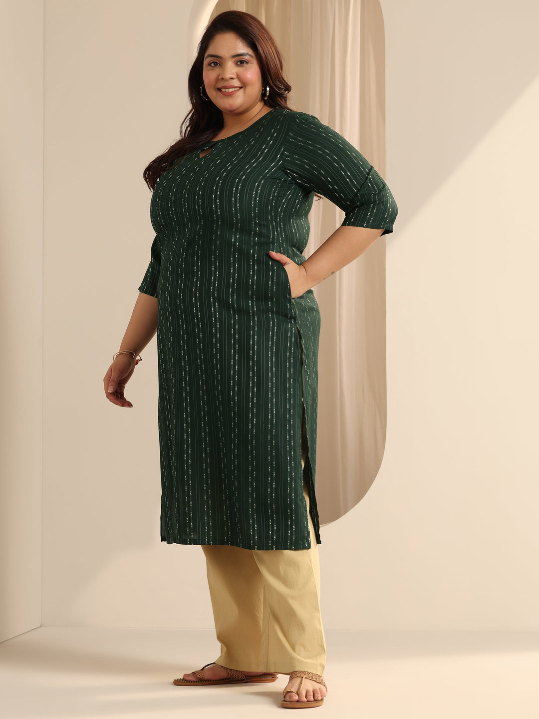  Plus Size Green Woven Design Viscose Straight Kurta 