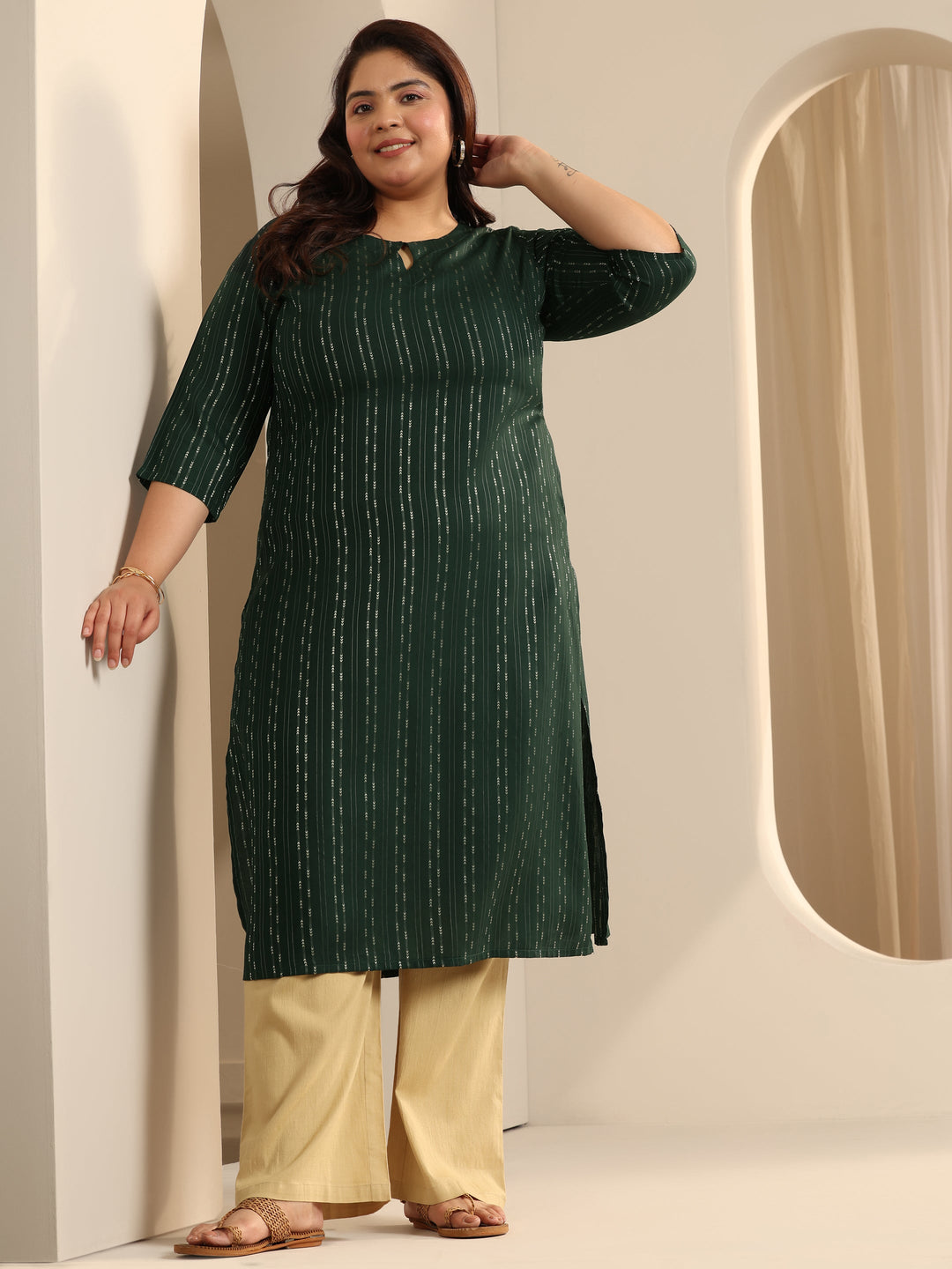  Plus Size Green Woven Design Viscose Straight Kurta 