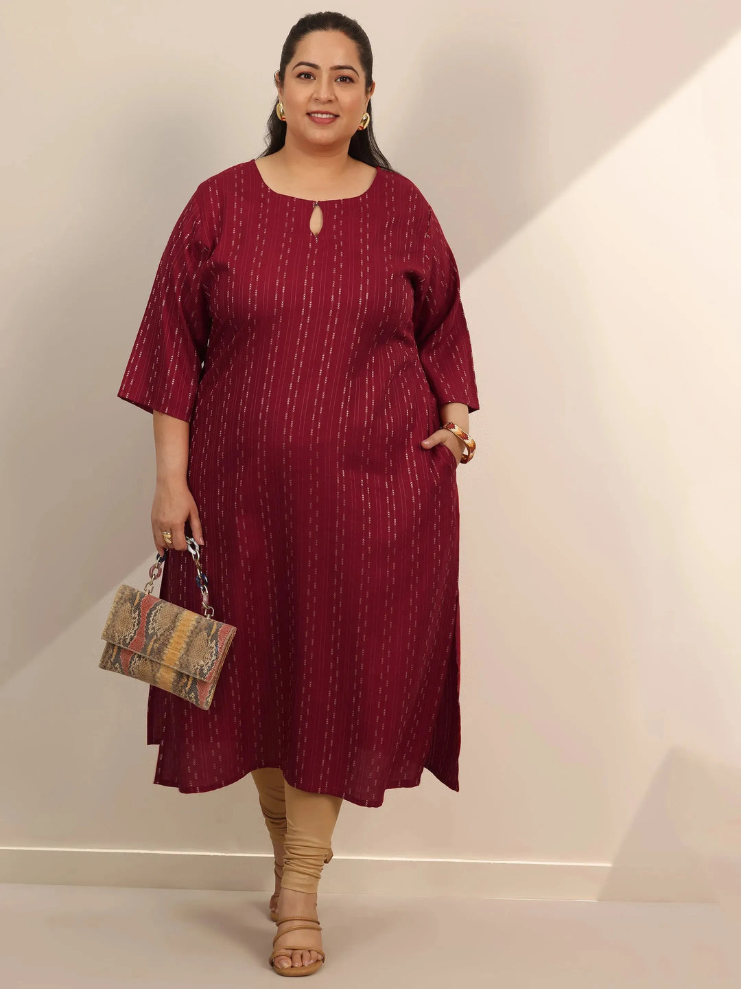  Plus Size Red Woven Design Viscose Rayon Straight Kurta 