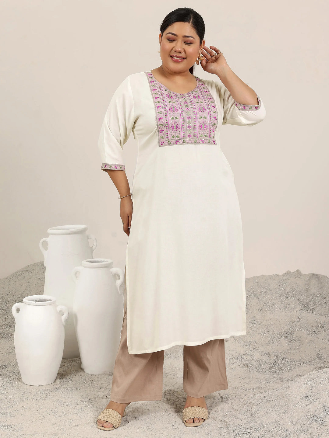  Plus Size Off White Yoke Design Rayon Straight Kurta 