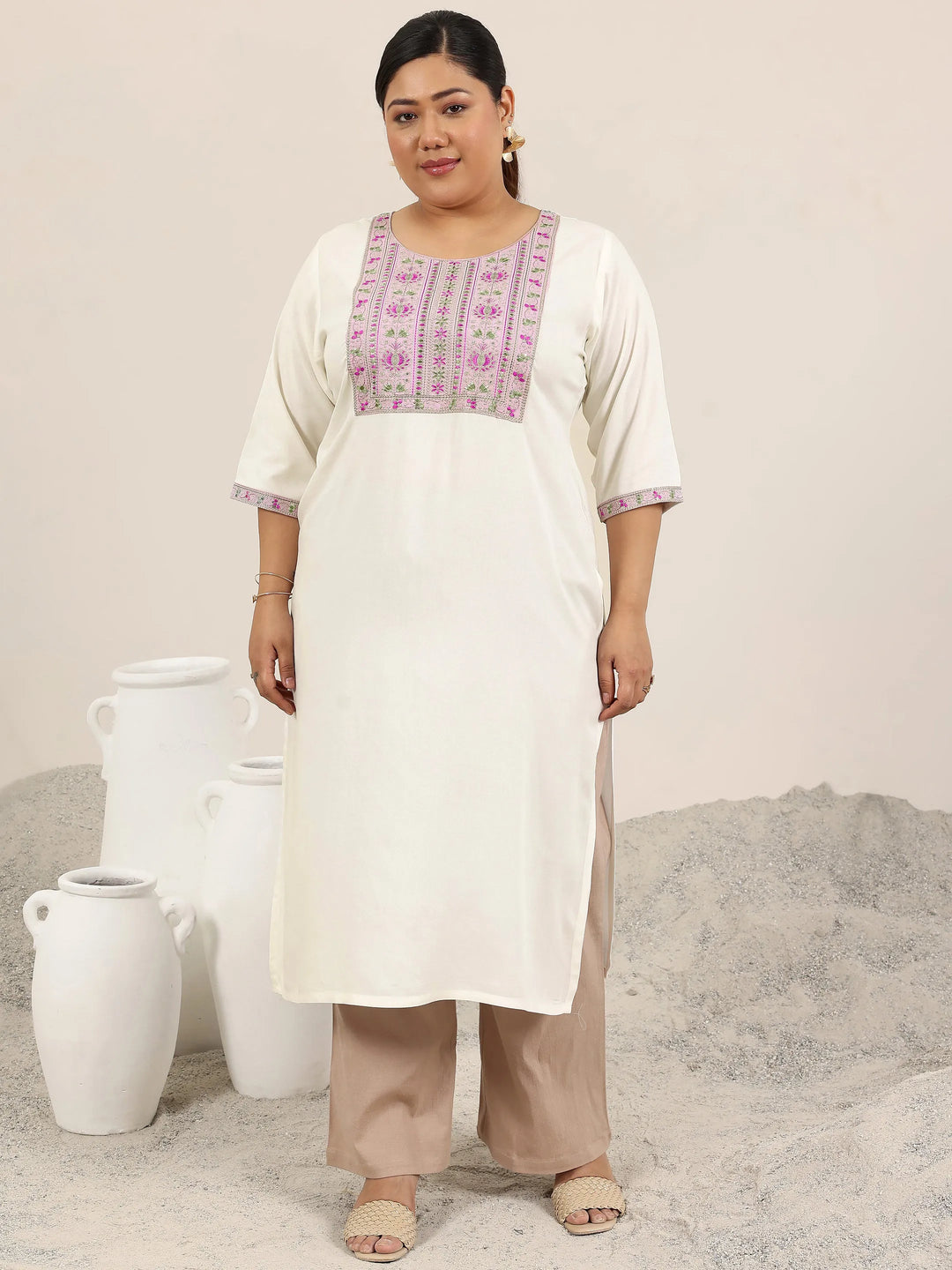  Plus Size Off White Yoke Design Rayon Straight Kurta 