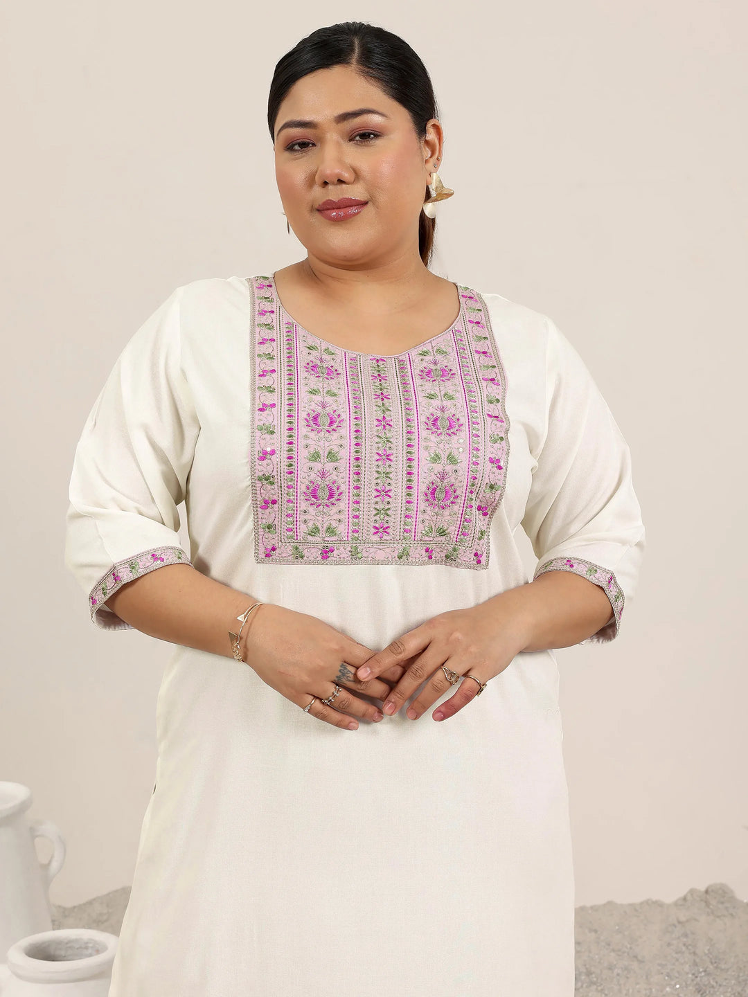  Plus Size Off White Yoke Design Rayon Straight Kurta 