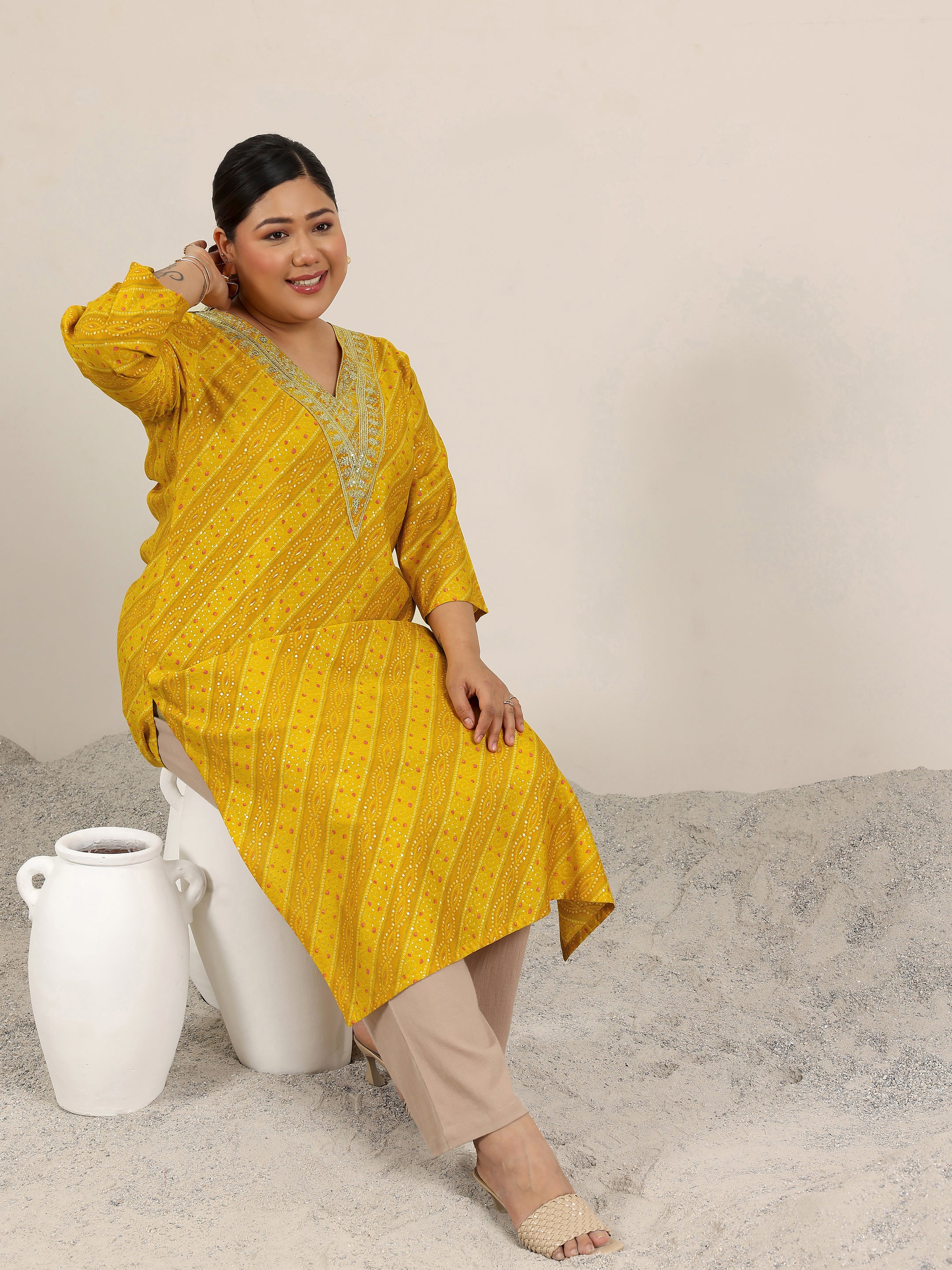 libas Plus Size Mustard Printed Silk Straight Kurta-picture-54