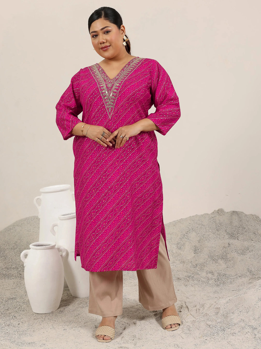  Plus Size Pink Printed Silk Straight Kurta 