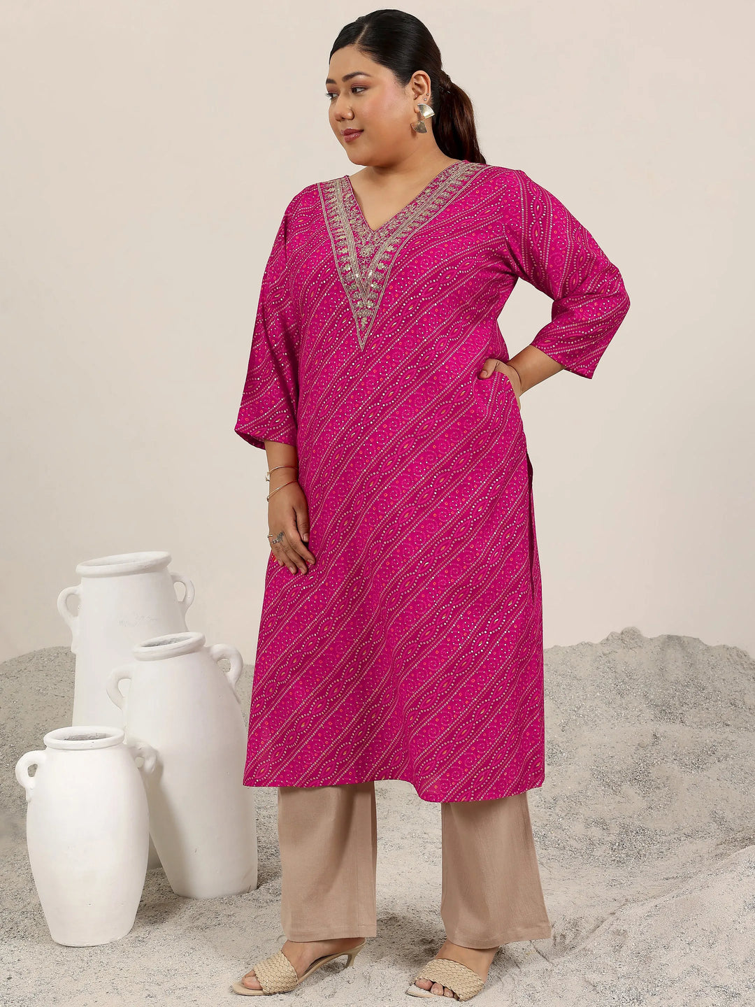  Plus Size Pink Printed Silk Straight Kurta 