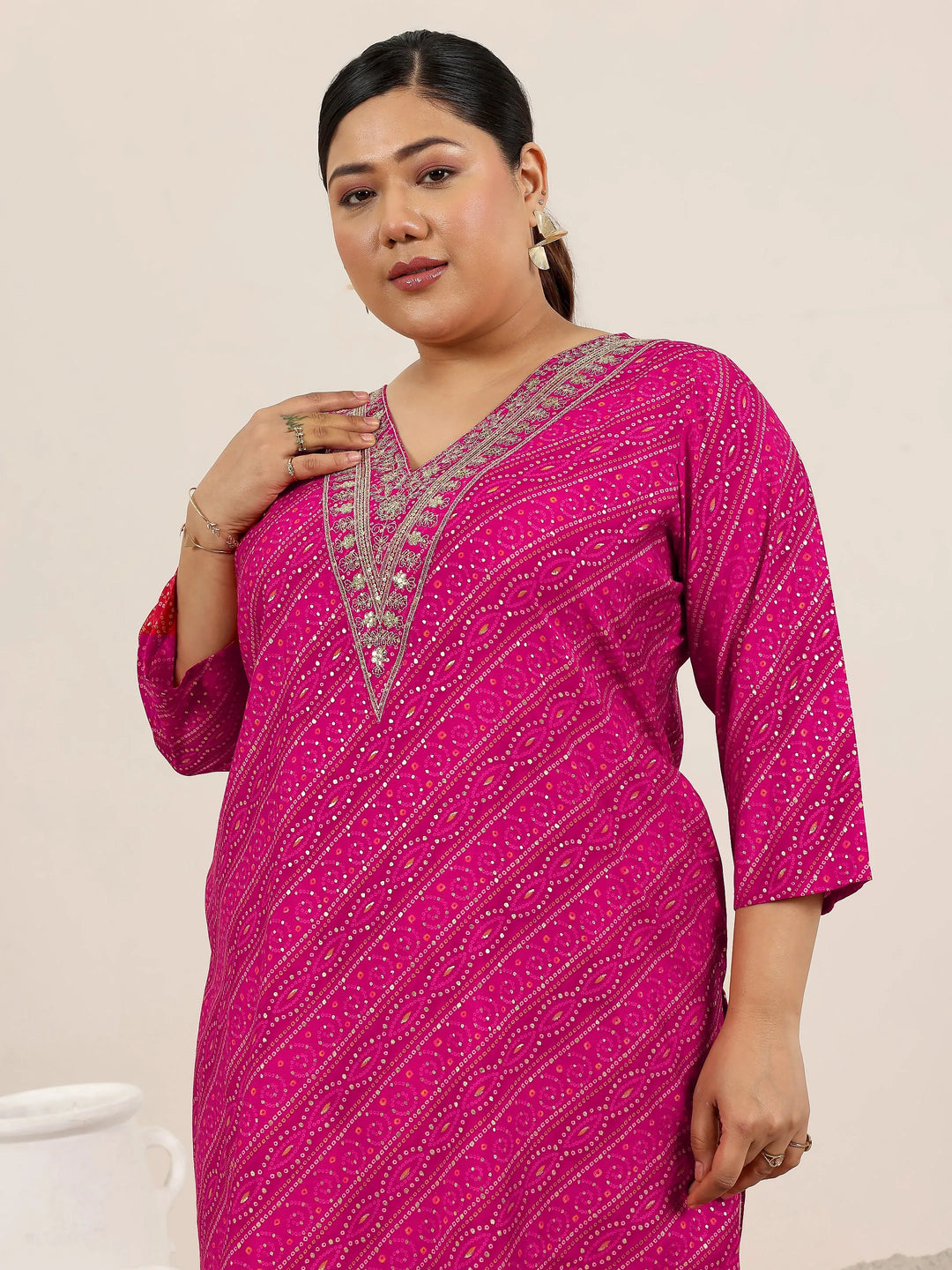  Plus Size Pink Printed Silk Straight Kurta 