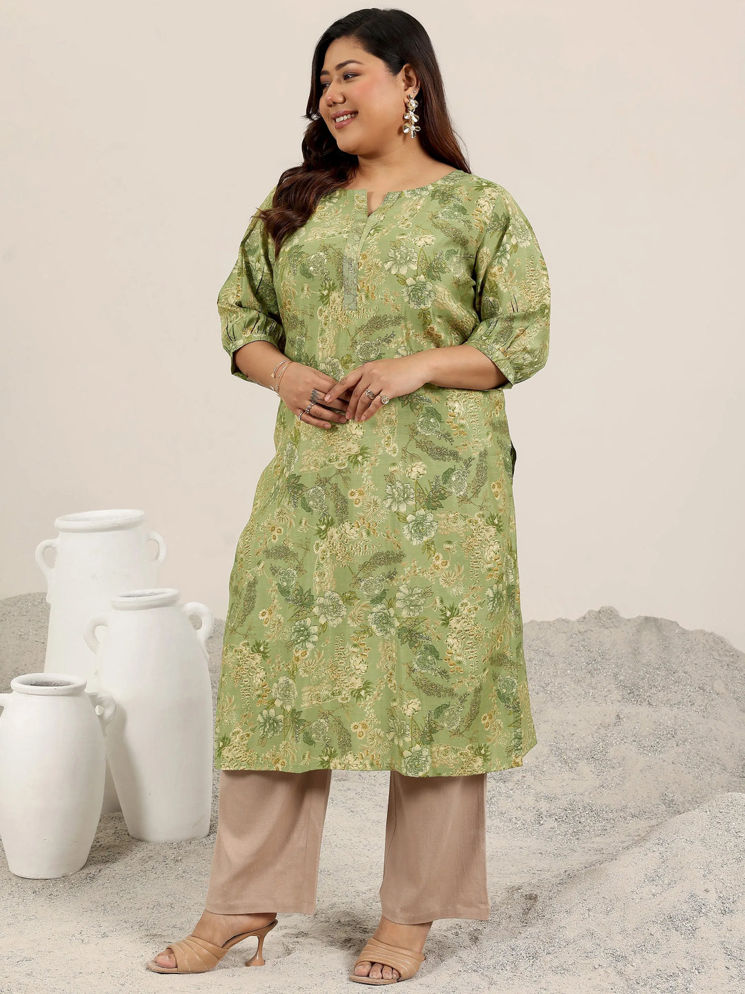  Plus Size Green Printed Silk Kurta 