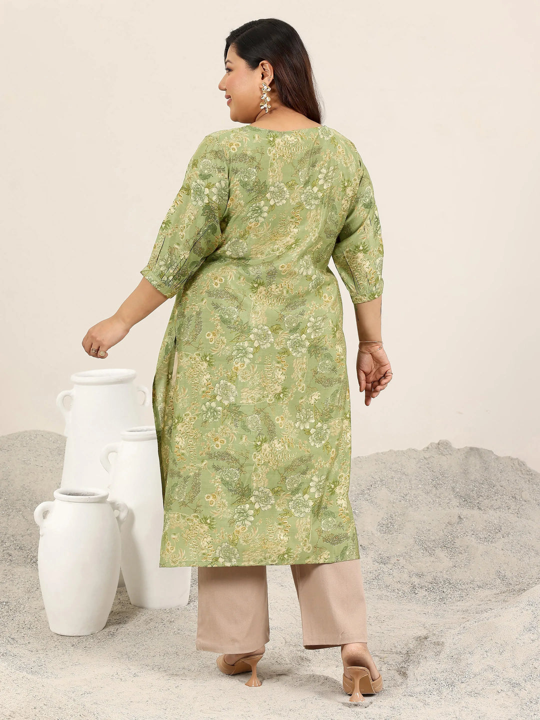  Plus Size Green Printed Silk Kurta 