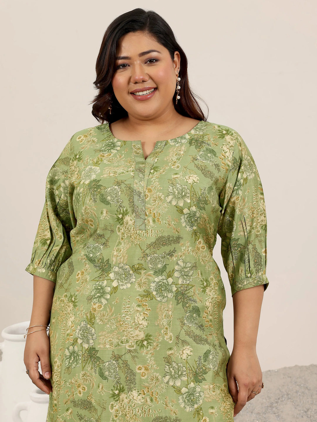  Plus Size Green Printed Silk Kurta 