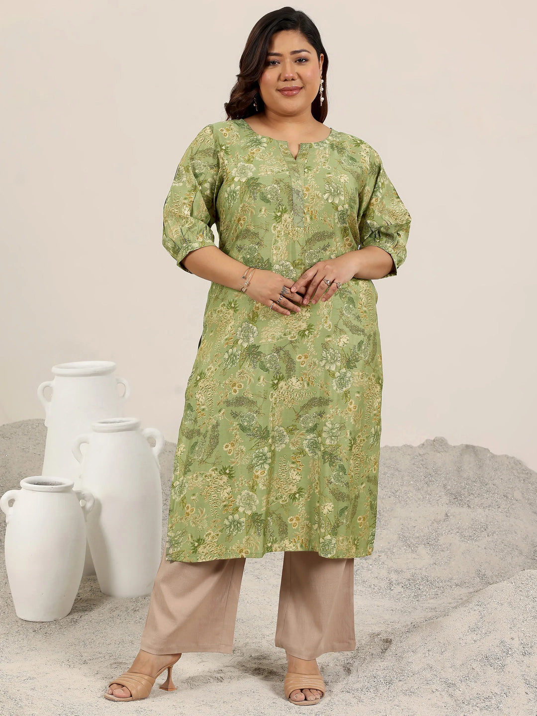  Plus Size Green Printed Silk Kurta 