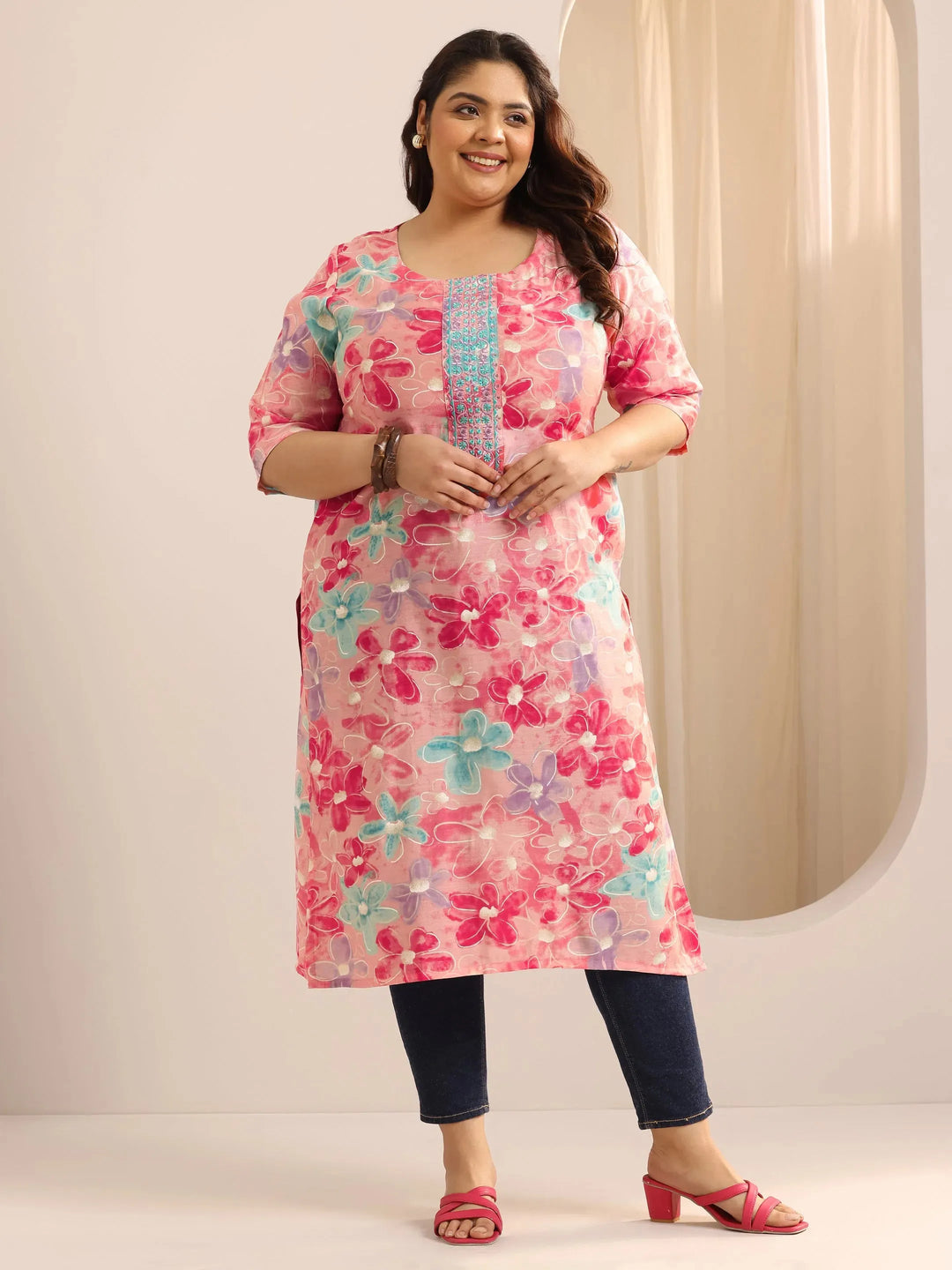  Plus Size Pink Printed Silk Straight Kurta 