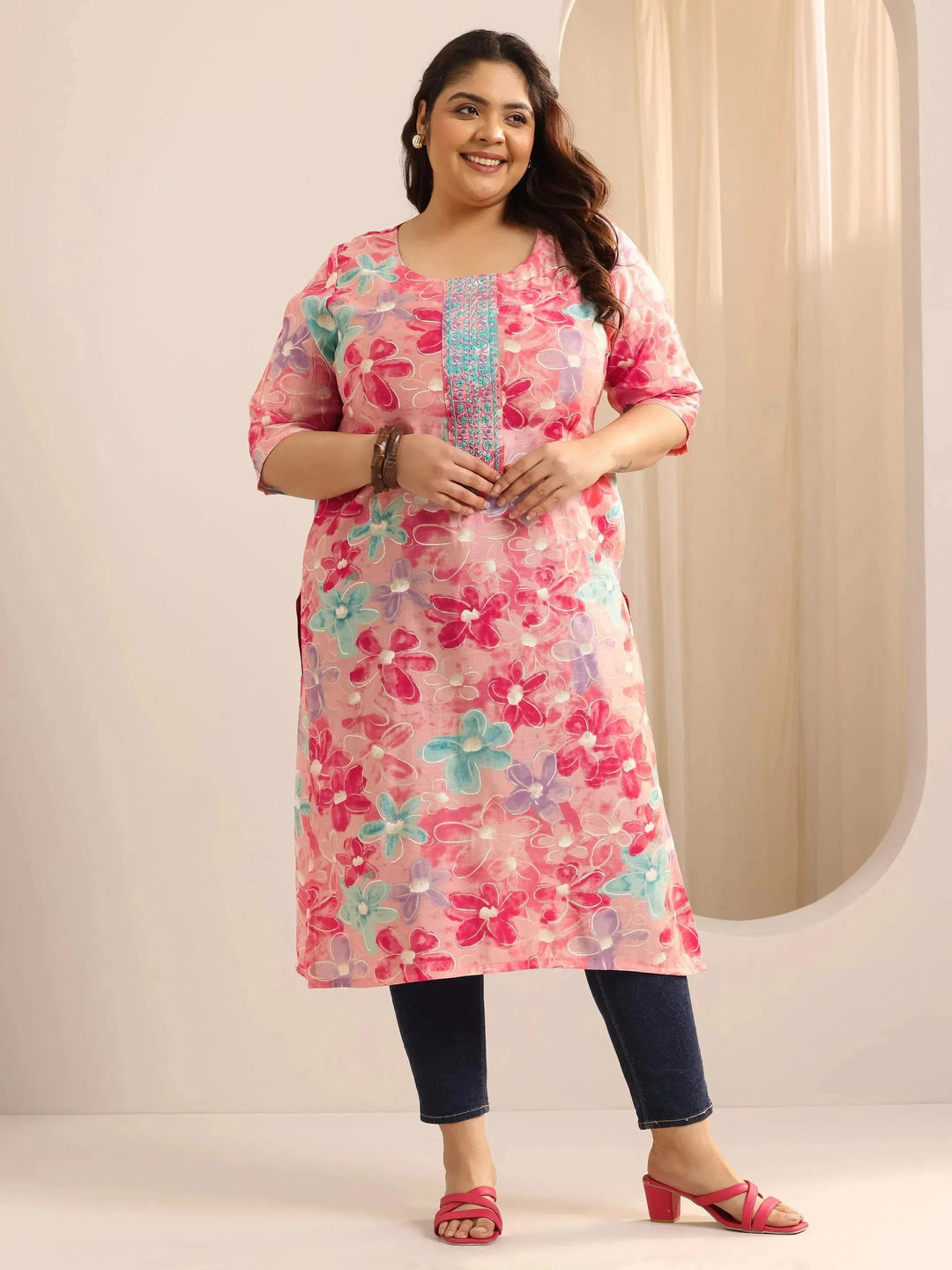  Plus Size Pink Printed Silk Straight Kurta 