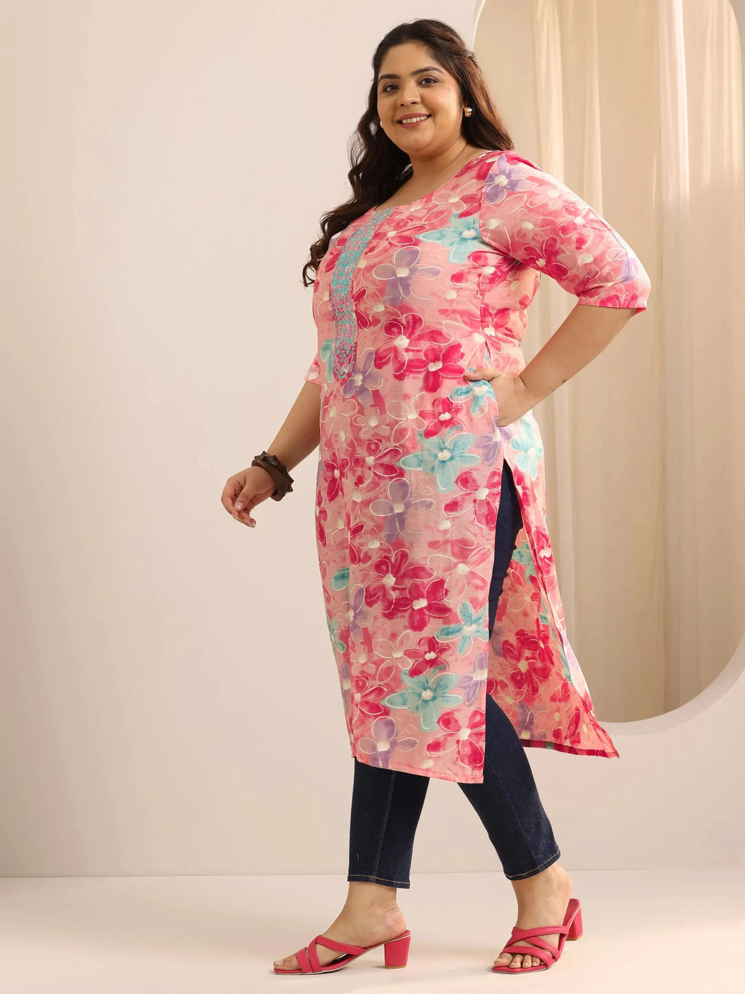  Plus Size Pink Printed Silk Straight Kurta 
