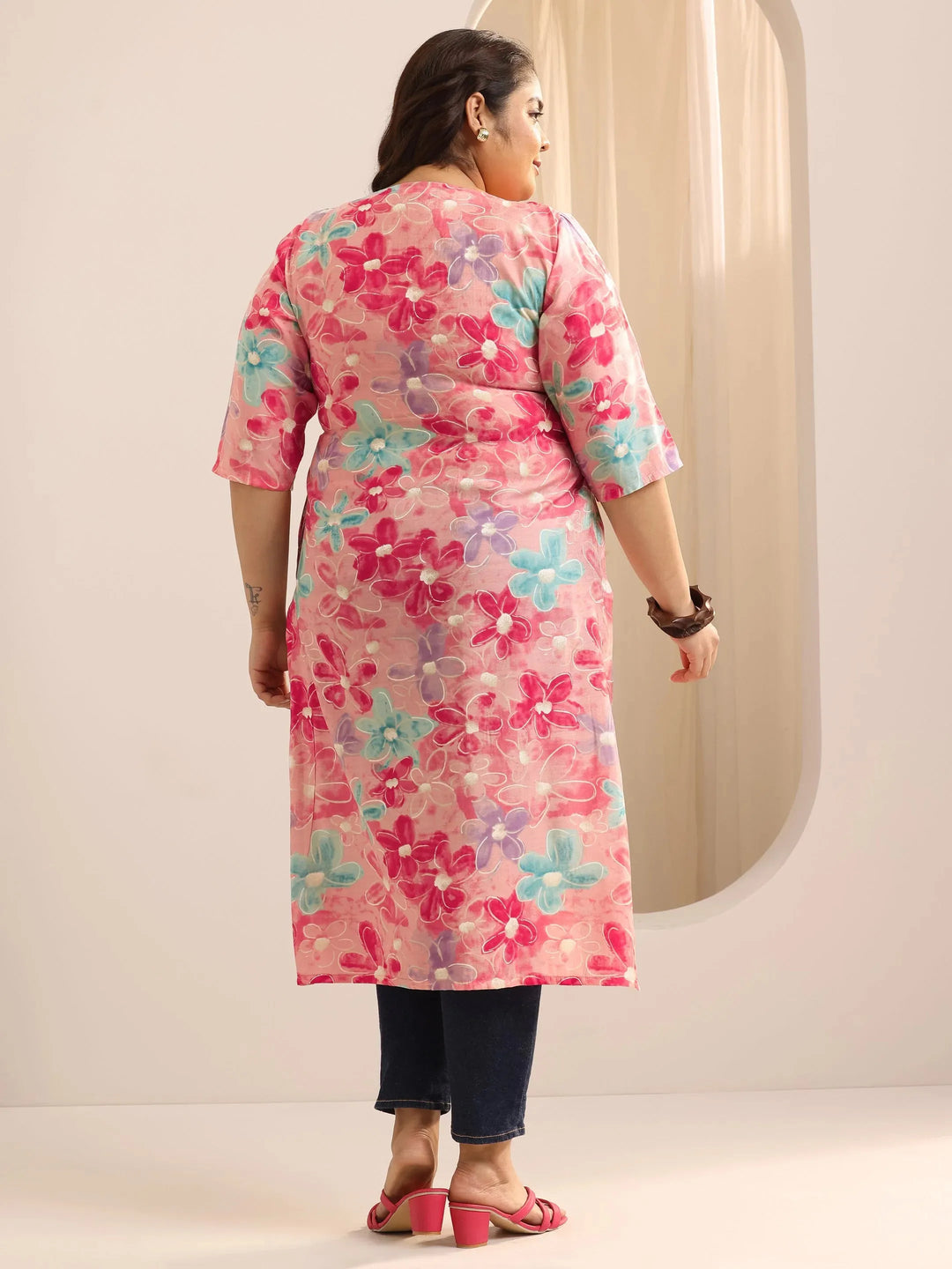  Plus Size Pink Printed Silk Straight Kurta 