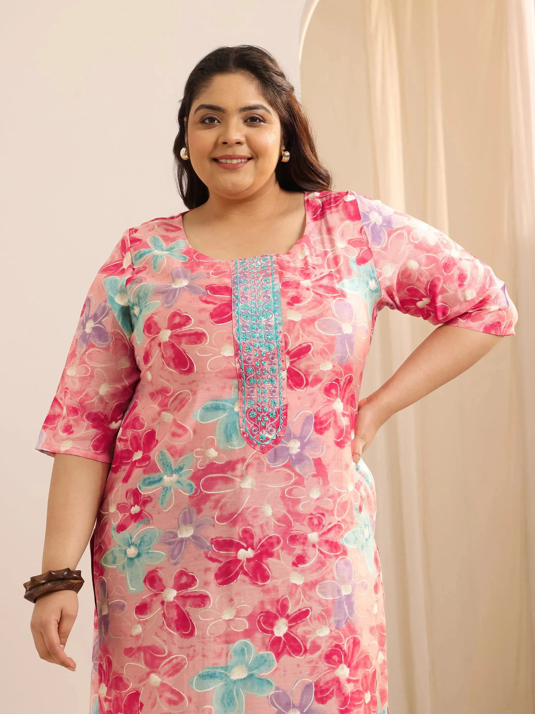  Plus Size Pink Printed Silk Straight Kurta 