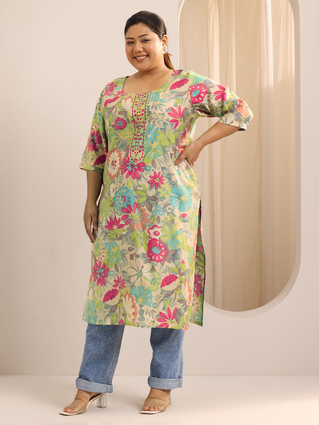  Plus Size Multi Printed Silk Straight Kurta 