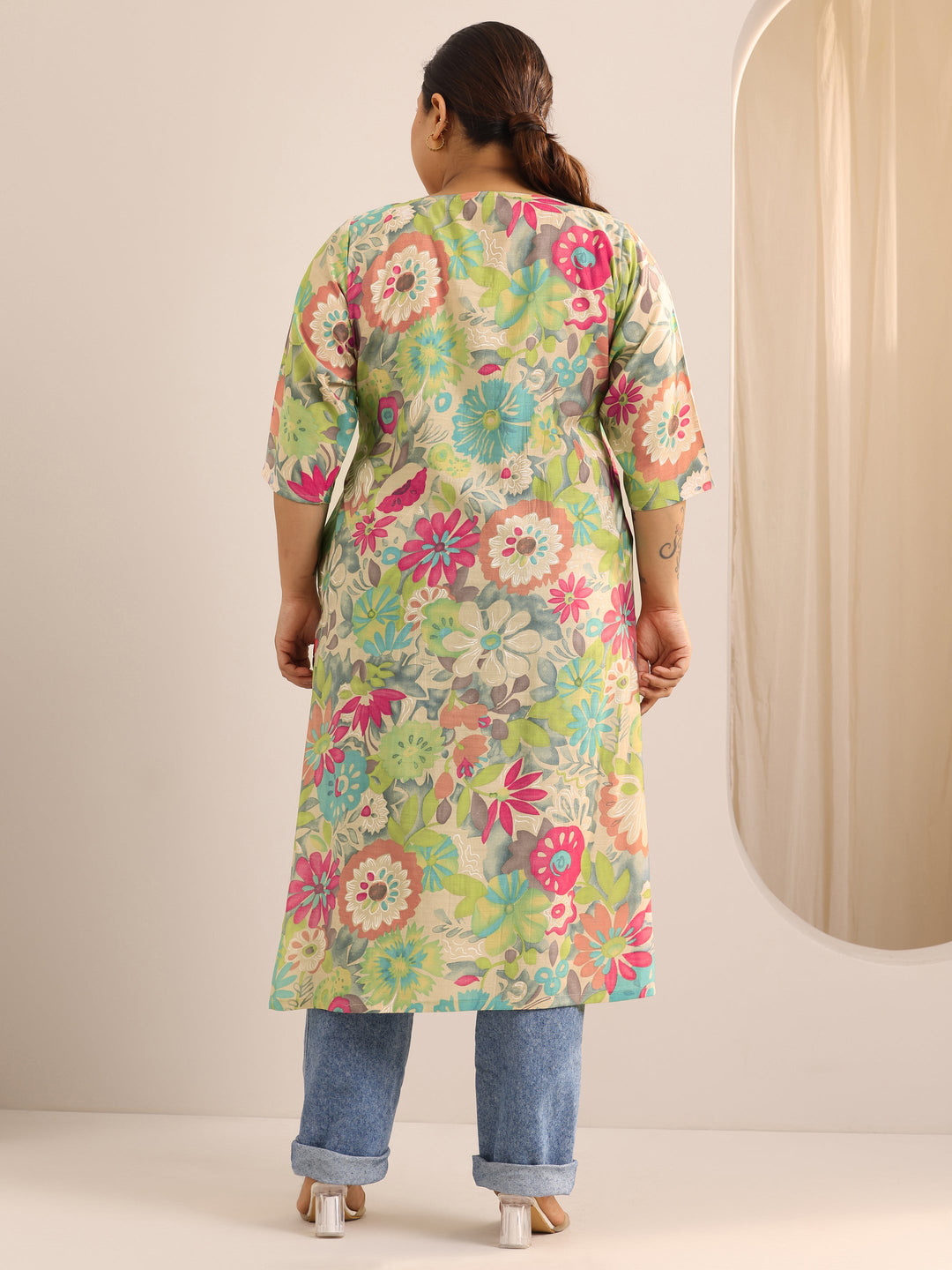  Plus Size Multi Printed Silk Straight Kurta 