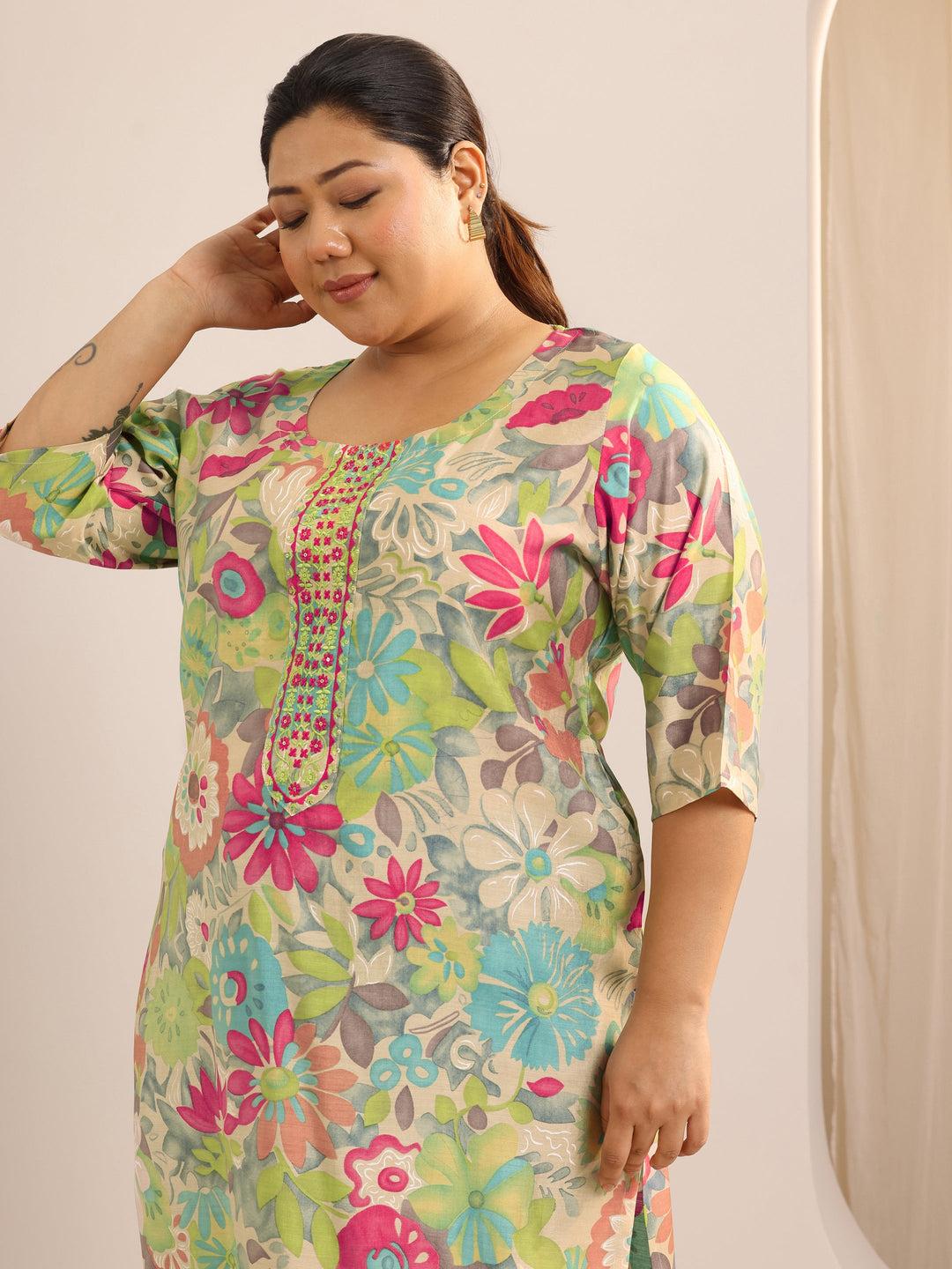  Plus Size Multi Printed Silk Straight Kurta 