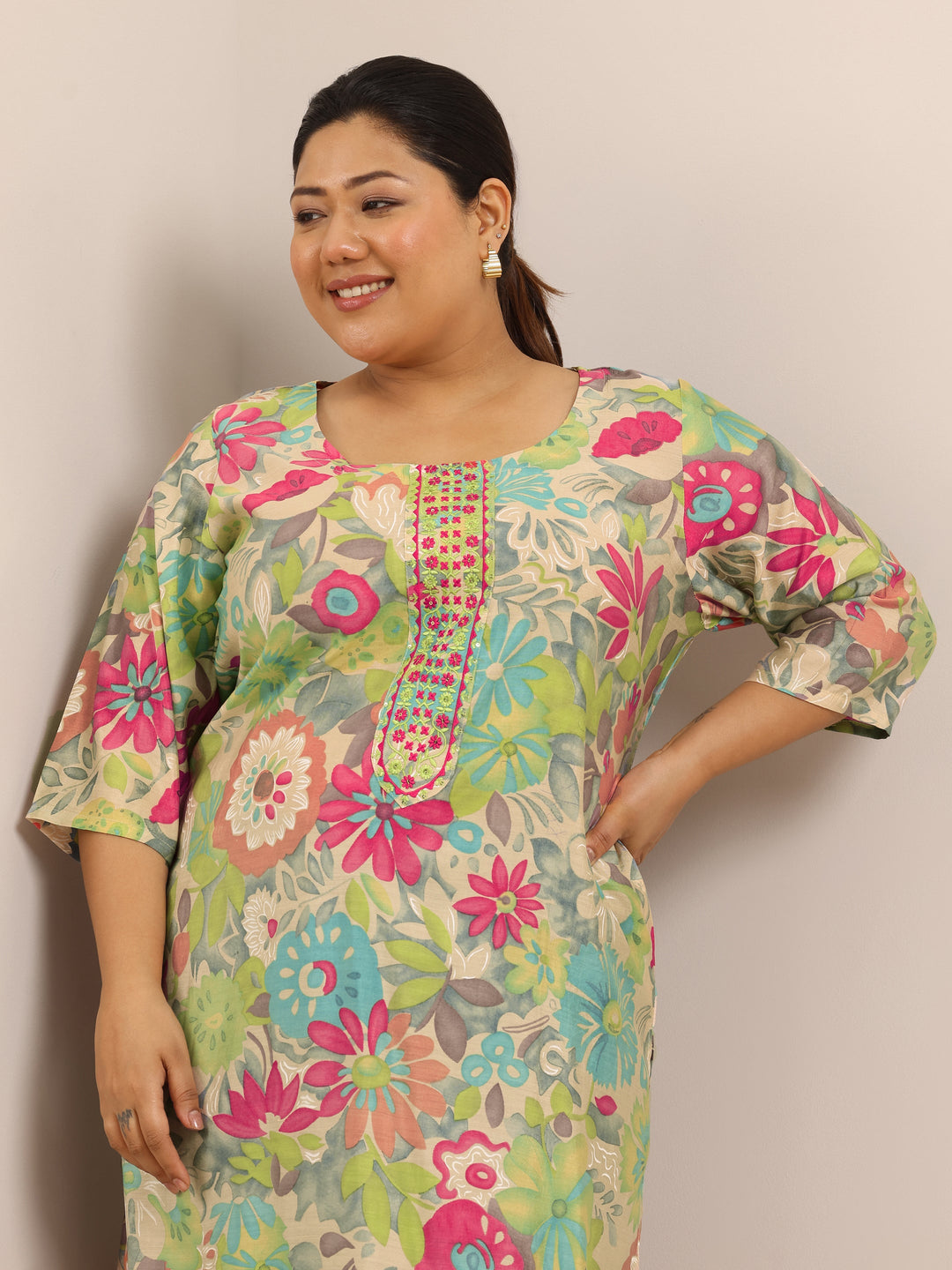  Plus Size Multi Printed Silk Straight Kurta 