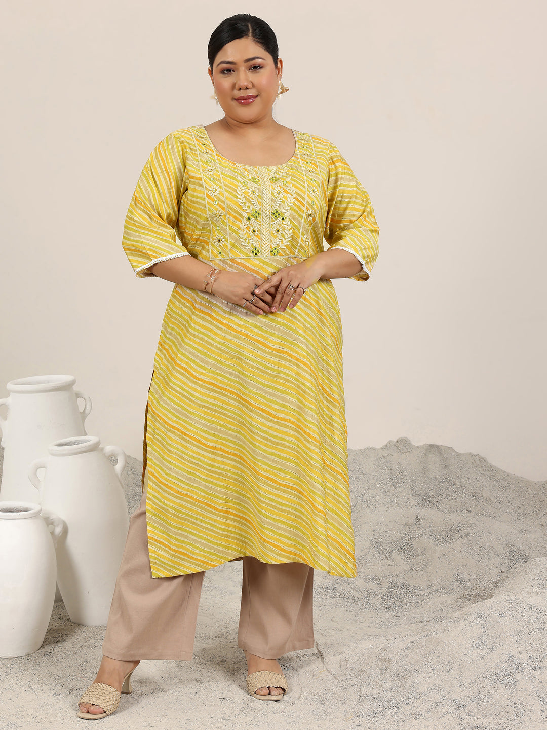  Plus Size Mustard Printed Silk Kurta 