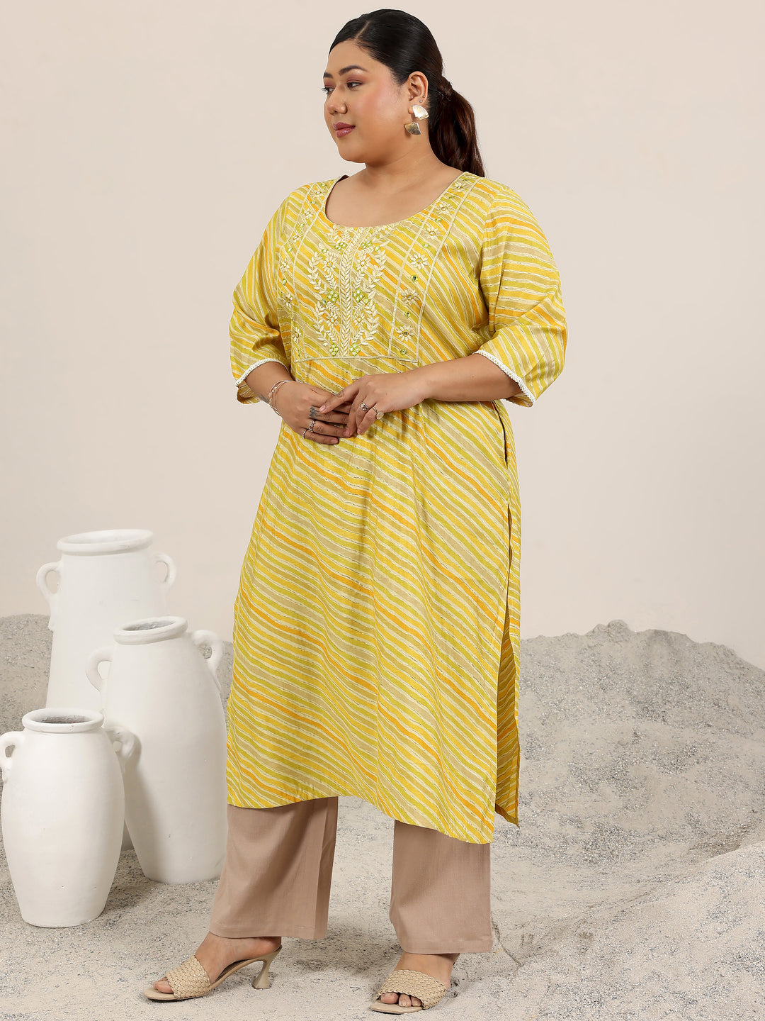  Plus Size Mustard Printed Silk Kurta 