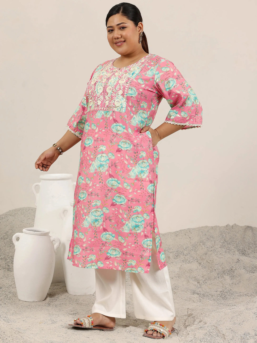  Plus Size Pink Printed Silk Blend Straight Kurta 