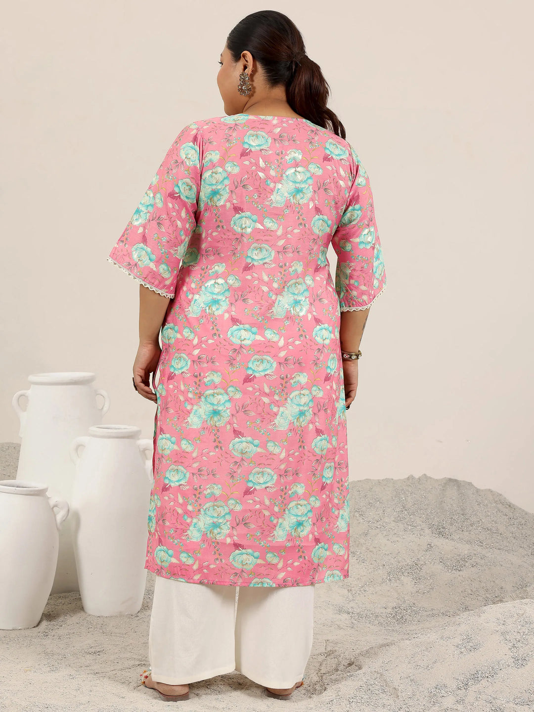  Plus Size Pink Printed Silk Blend Straight Kurta 
