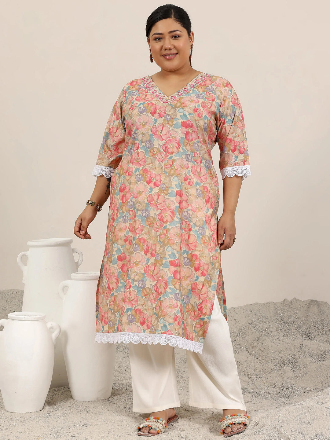  Plus Size Pink Printed Silk Blend Kurta 