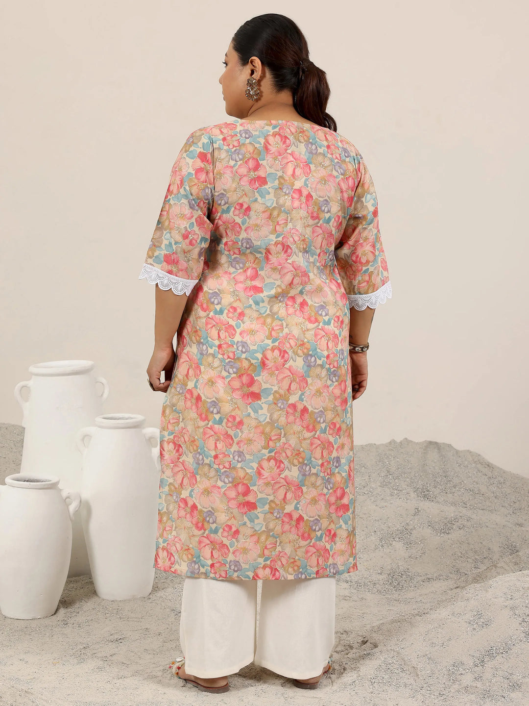  Plus Size Pink Printed Silk Blend Kurta 