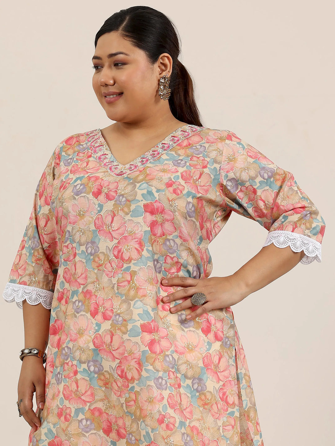  Plus Size Pink Printed Silk Blend Kurta 